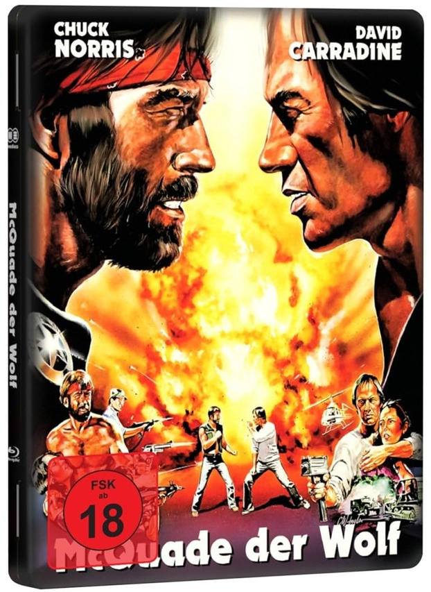 Filmcover mit Chuck Norris und David Carradine, eine feurige Explosion im Hintergrund.
