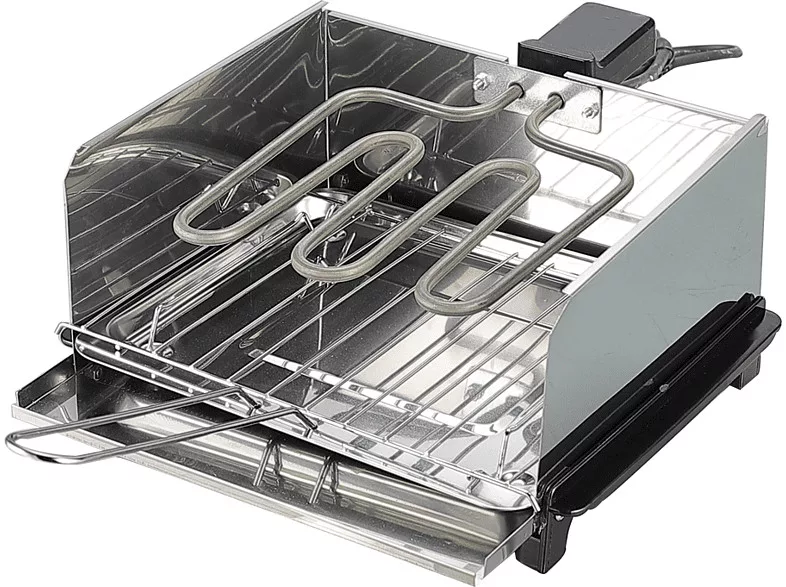 Ezüst elektromos grill fűtőelemekkel és tálcával. A grill nyitva van.