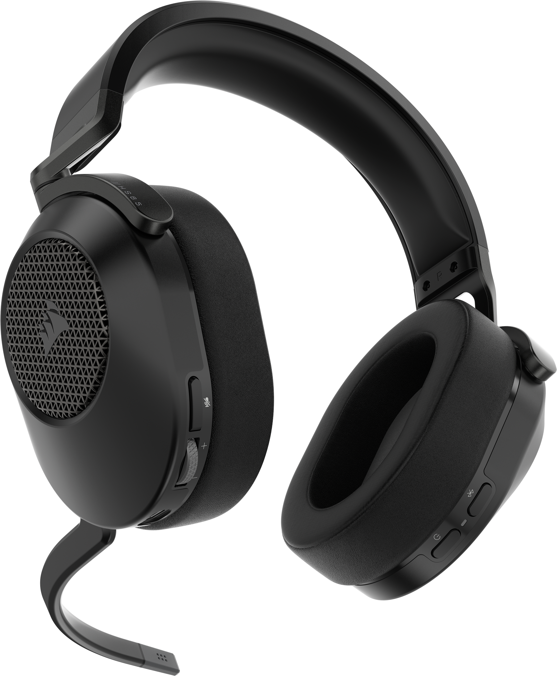 Un casque de jeu noir avec un microphone sur fond sombre.