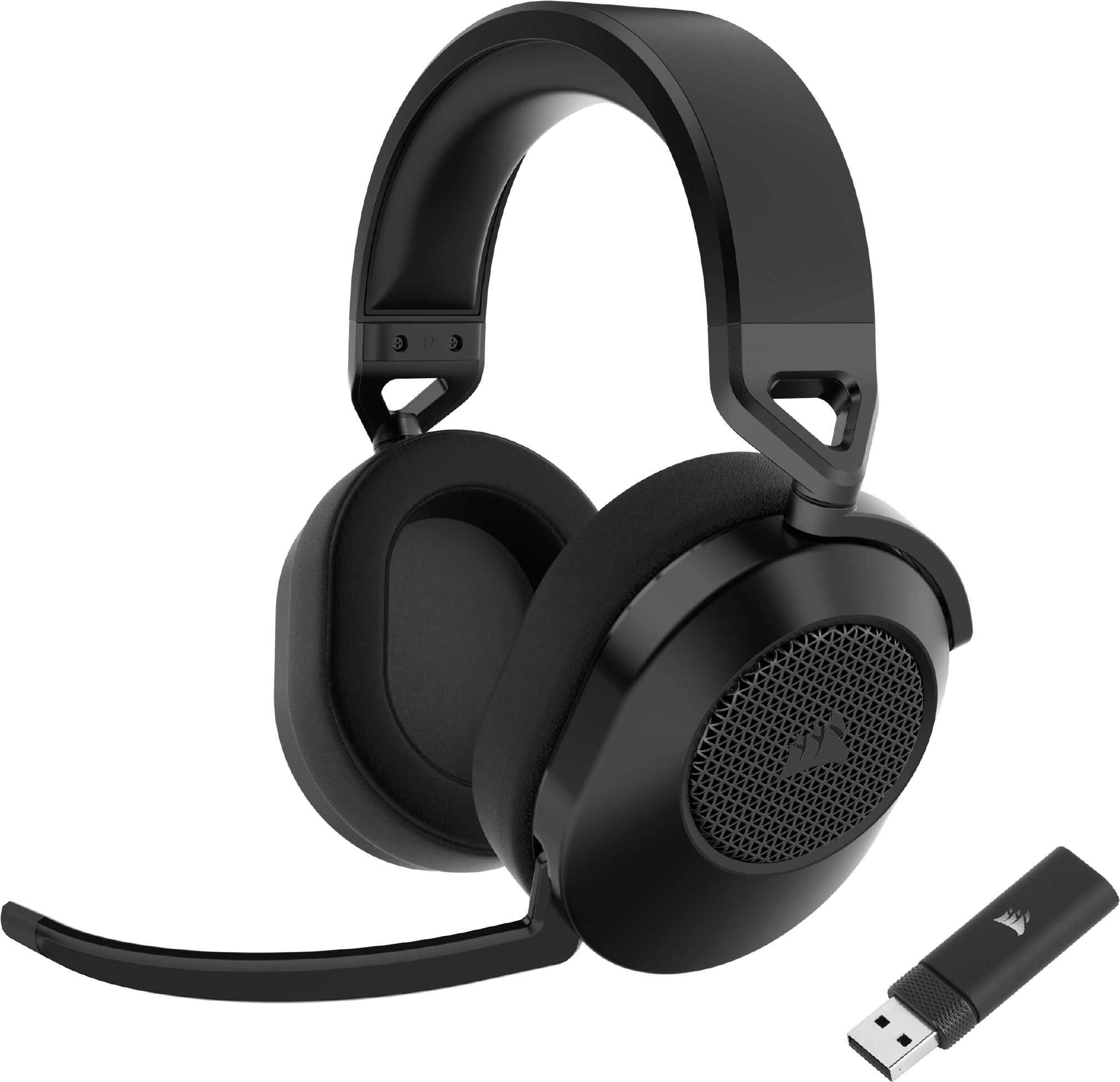 Casque de jeu Corsair noir avec un microphone et un dongle USB.
