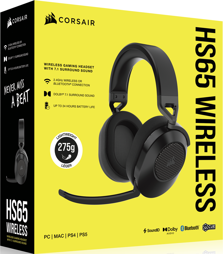 Boîte du casque de jeu sans fil Corsair HS65. Comprend des fonctionnalités sans fil, son surround et longue durée de vie de la batterie.