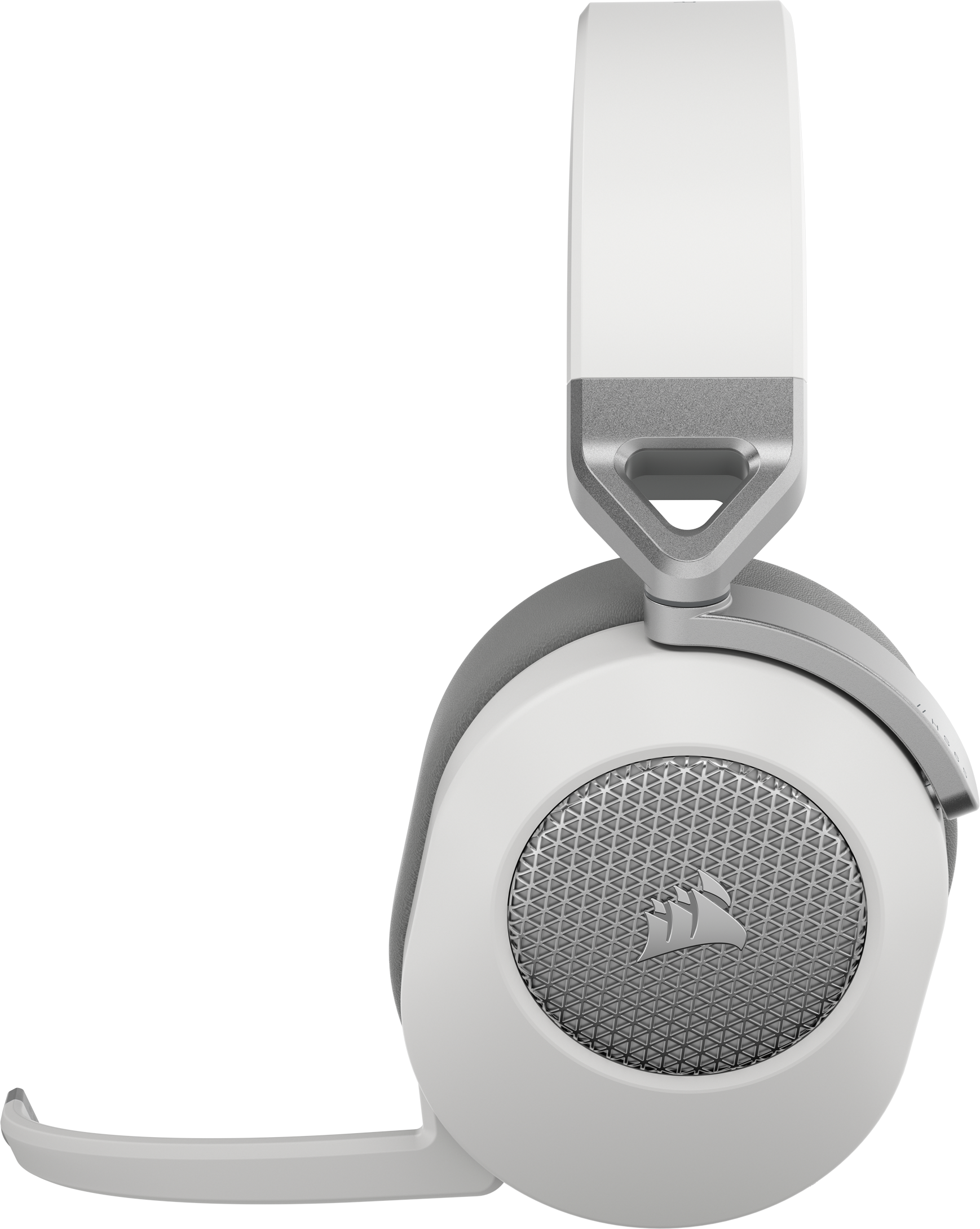 Weißes und silbernes Gaming-Headset mit Mikrofon. Corsair-Logo sichtbar.