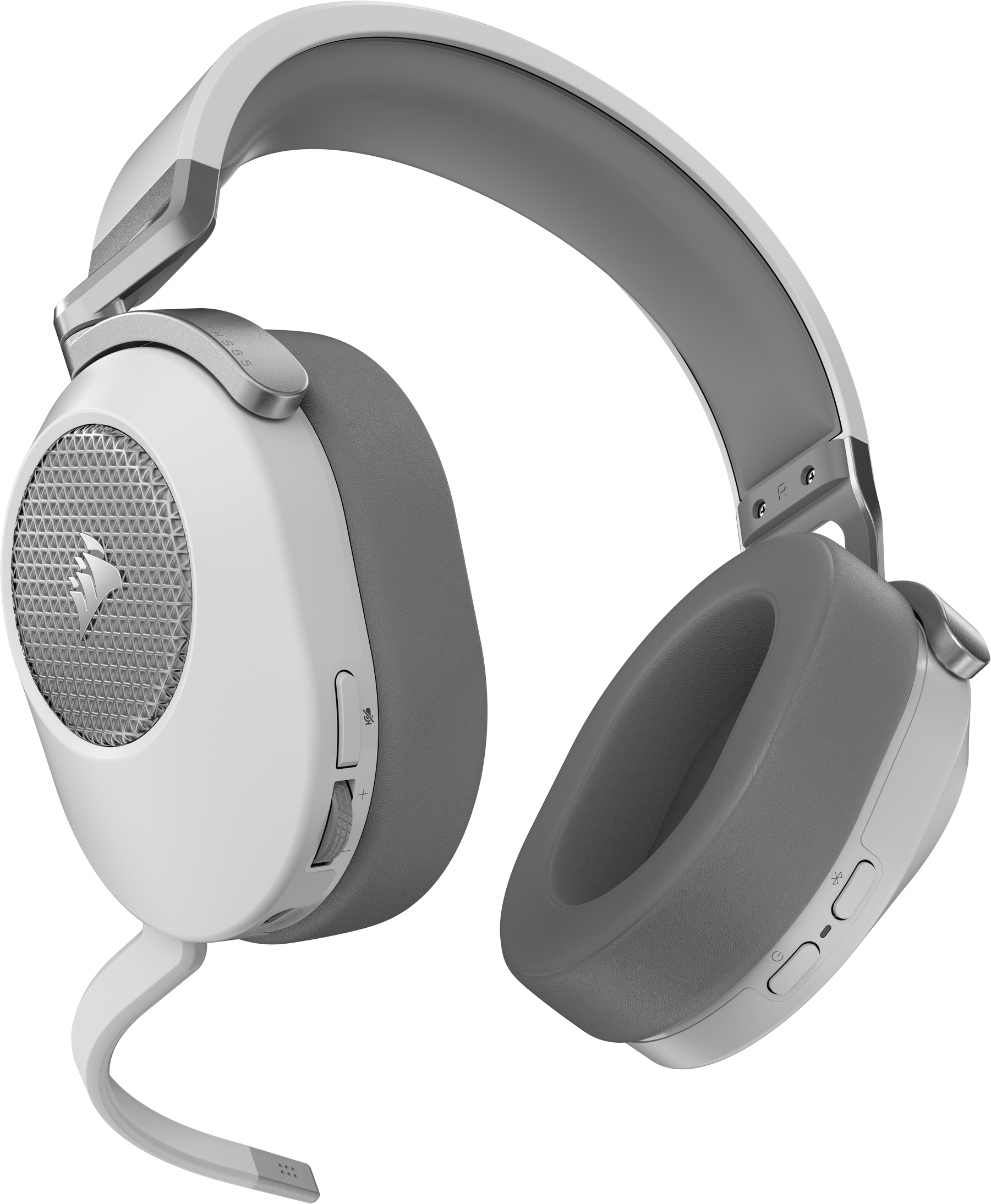 Weißes und graues Headset mit Mikrofon auf schwarzem Hintergrund, schräge Ansicht.
