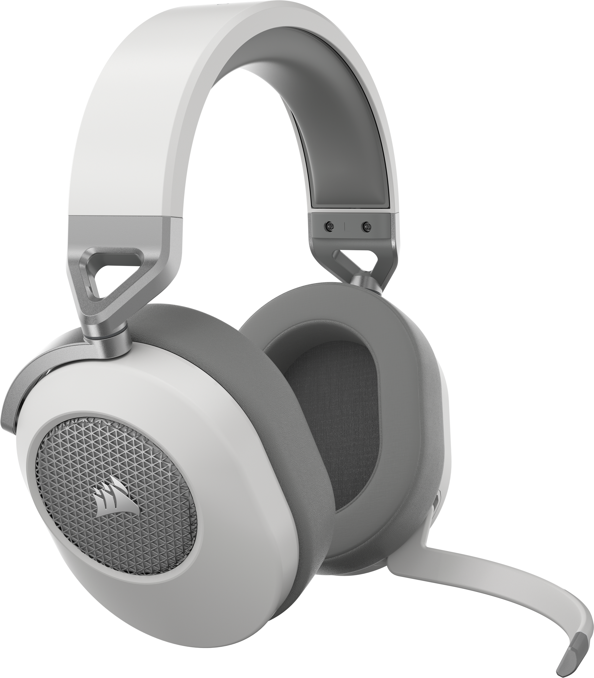Weißes und graues Gaming-Headset mit Mikrofon, schräge Aufnahme auf schwarzem Grund.
