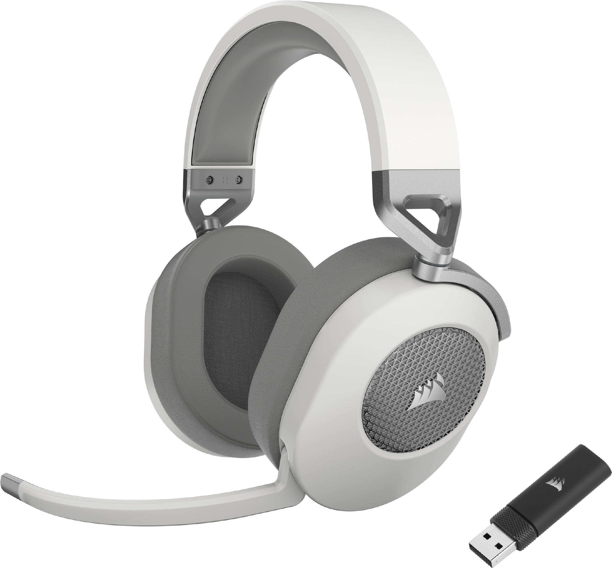 Ein weißes und graues Gaming-Headset mit Mikrofon und USB-Dongle.