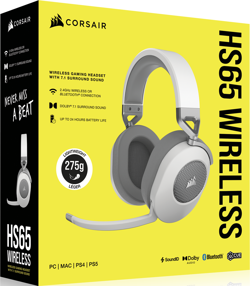 Kabelloses Gaming-Headset mit Box, die Funktionen und Design zeigt.