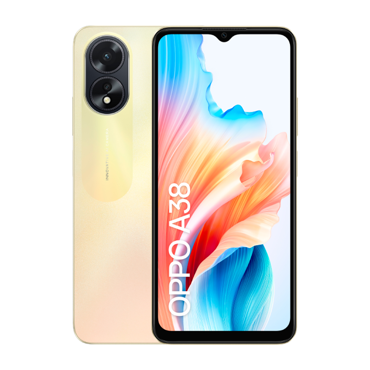 Teléfono Oppo A38. Parte trasera crema, módulo de cámara negro. La pantalla muestra arte abstracto colorido. El texto dice 'OPPO A38'.