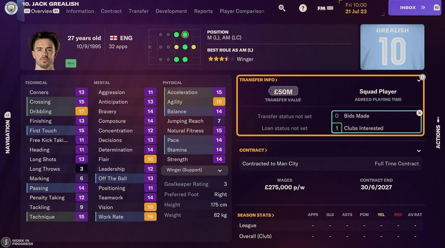 Pantalla de juego de fútbol que muestra los detalles del jugador Jack Grealish, incluyendo estadísticas e información del contrato.