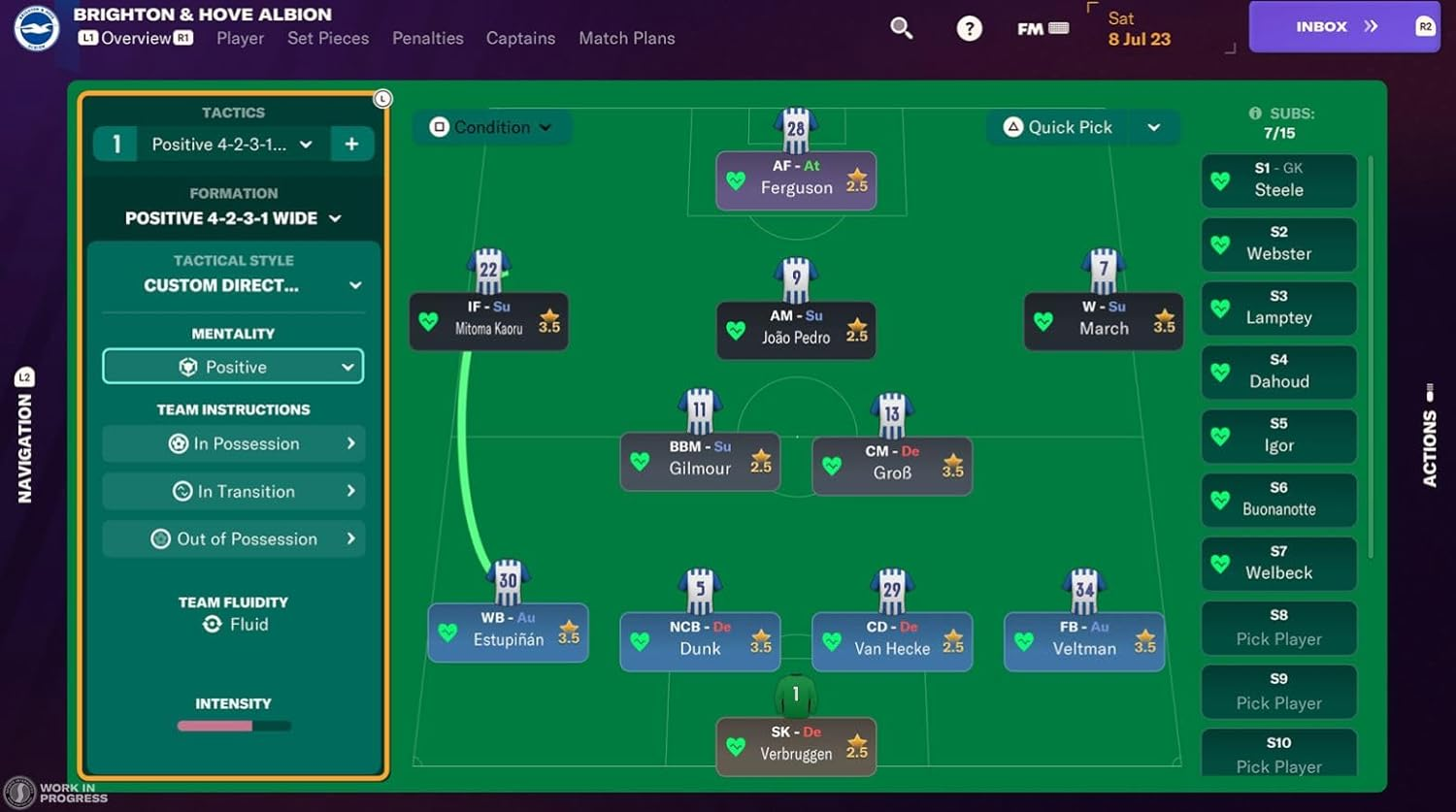 Pantalla del juego Football Manager que muestra la formación y tácticas de un equipo.