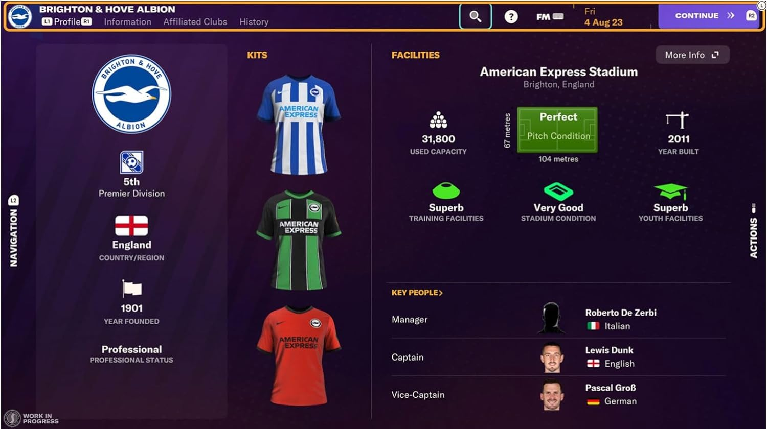 Interfaz del equipo Brighton & Hove Albion con equipaciones y personal clave.