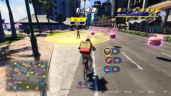 Escena de juego de un ciclista en una calle de la ciudad, recogiendo hamburguesas. Edificios y mapa visibles.