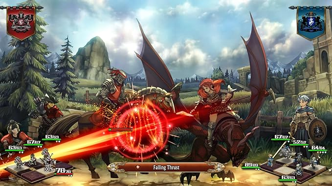 Una escena de juego con caballeros, dragones y cuadros de texto. Caballeros a caballo y un dragón están en combate.