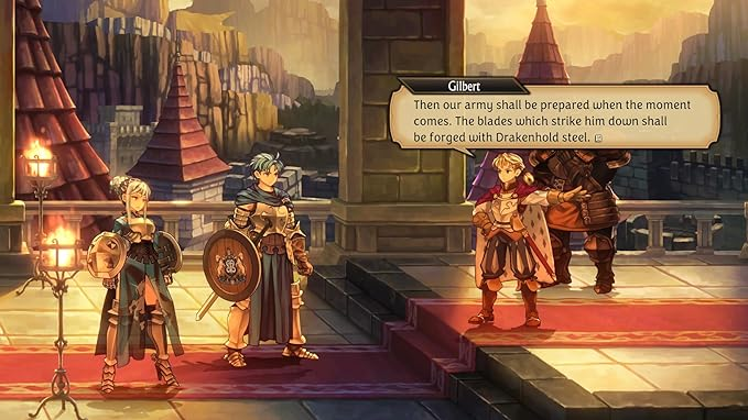 Captura de pantalla de un juego con tres personajes con armadura y un cuadro de diálogo.