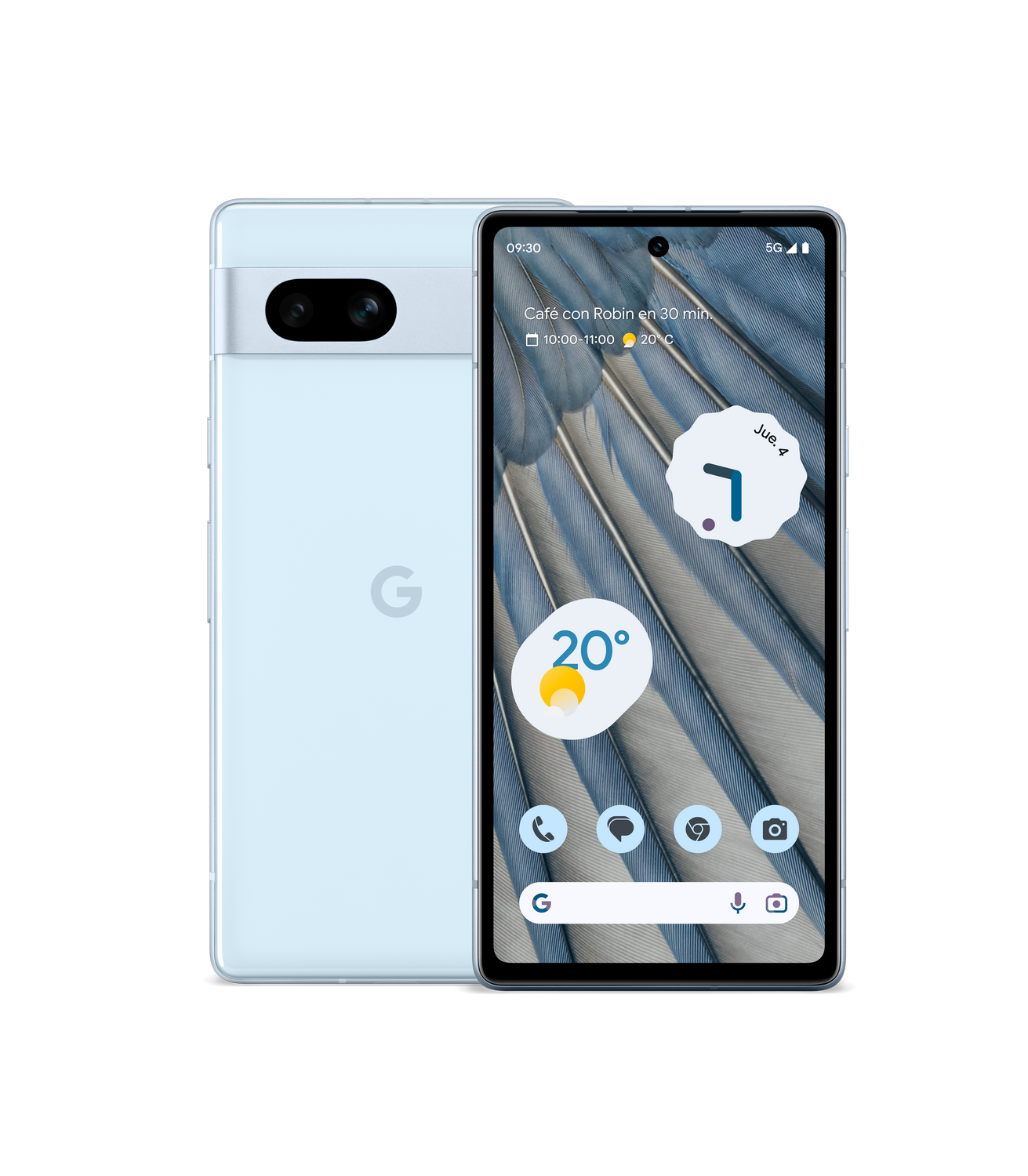 Teléfono Google Pixel azul claro. Pantalla muestra hora, clima e iconos de aplicaciones. Cámara trasera.