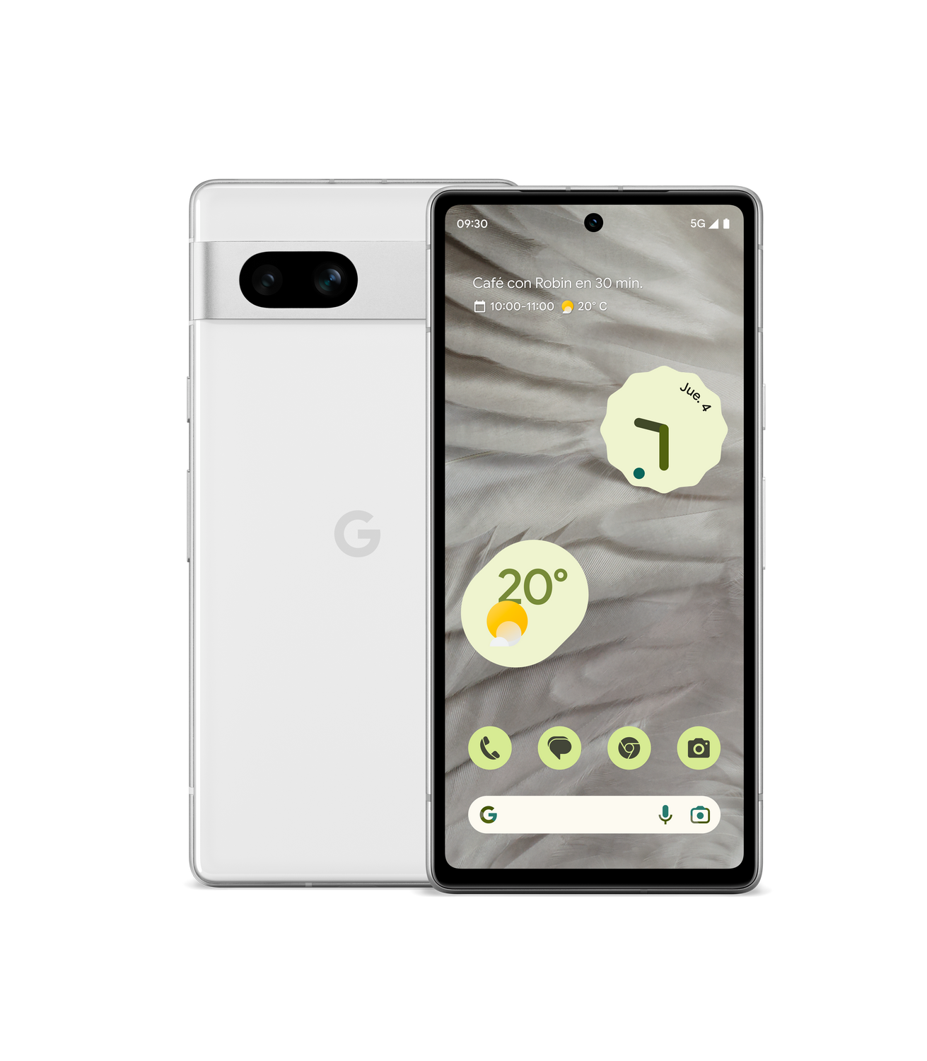 Teléfono Google Pixel blanco con cámara y pantalla que muestra la hora e iconos de aplicaciones. Fondo gris.