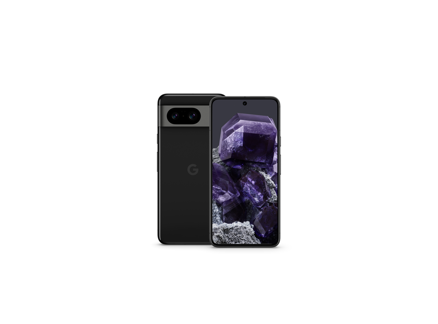 Smartphone negro con fondo de cristal púrpura. El teléfono muestra su parte trasera y delantera.