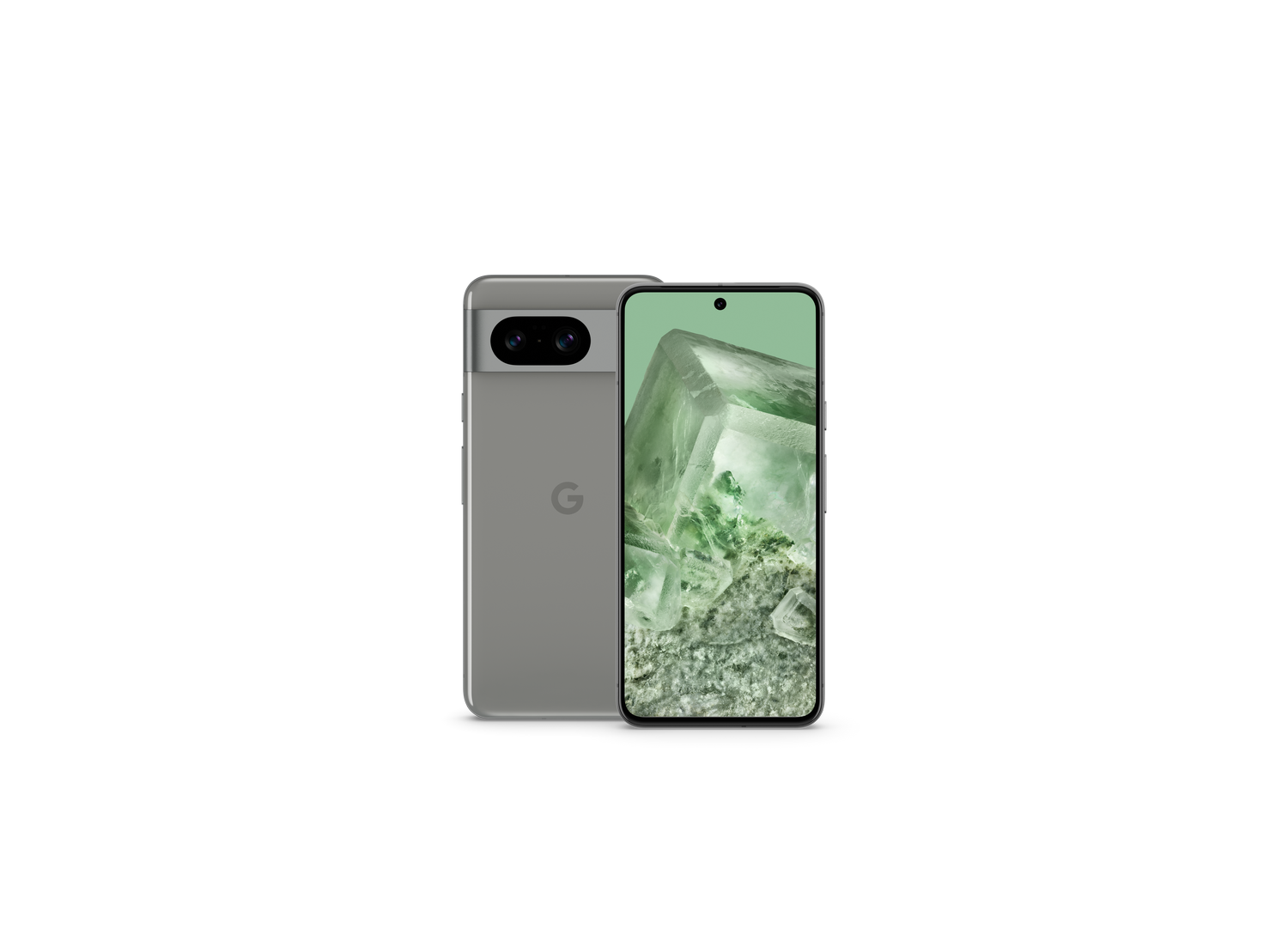 Un teléfono gris Google Pixel 7, vista trasera y frontal, sobre un fondo negro con una imagen de cristal verde.