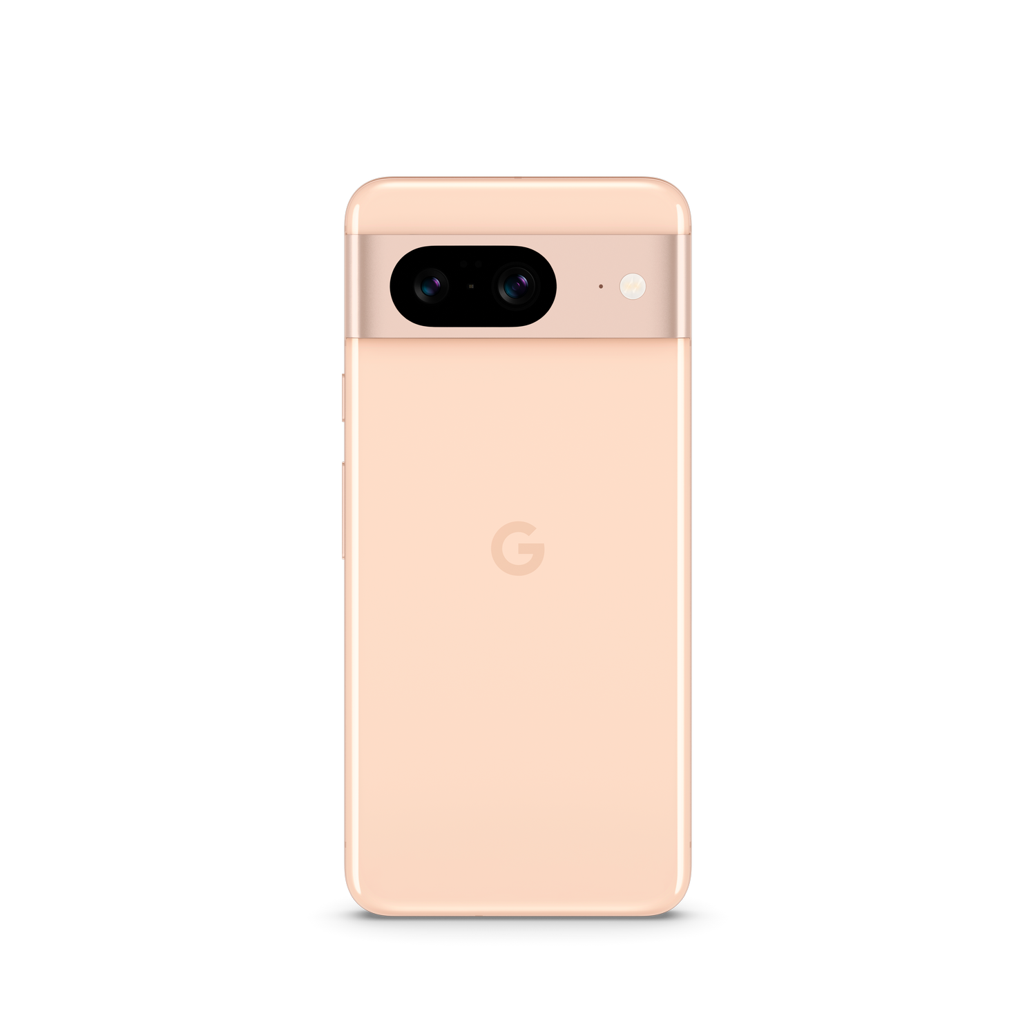 Vista trasera de un teléfono Google Pixel rosa con barra de cámara sobre fondo negro.