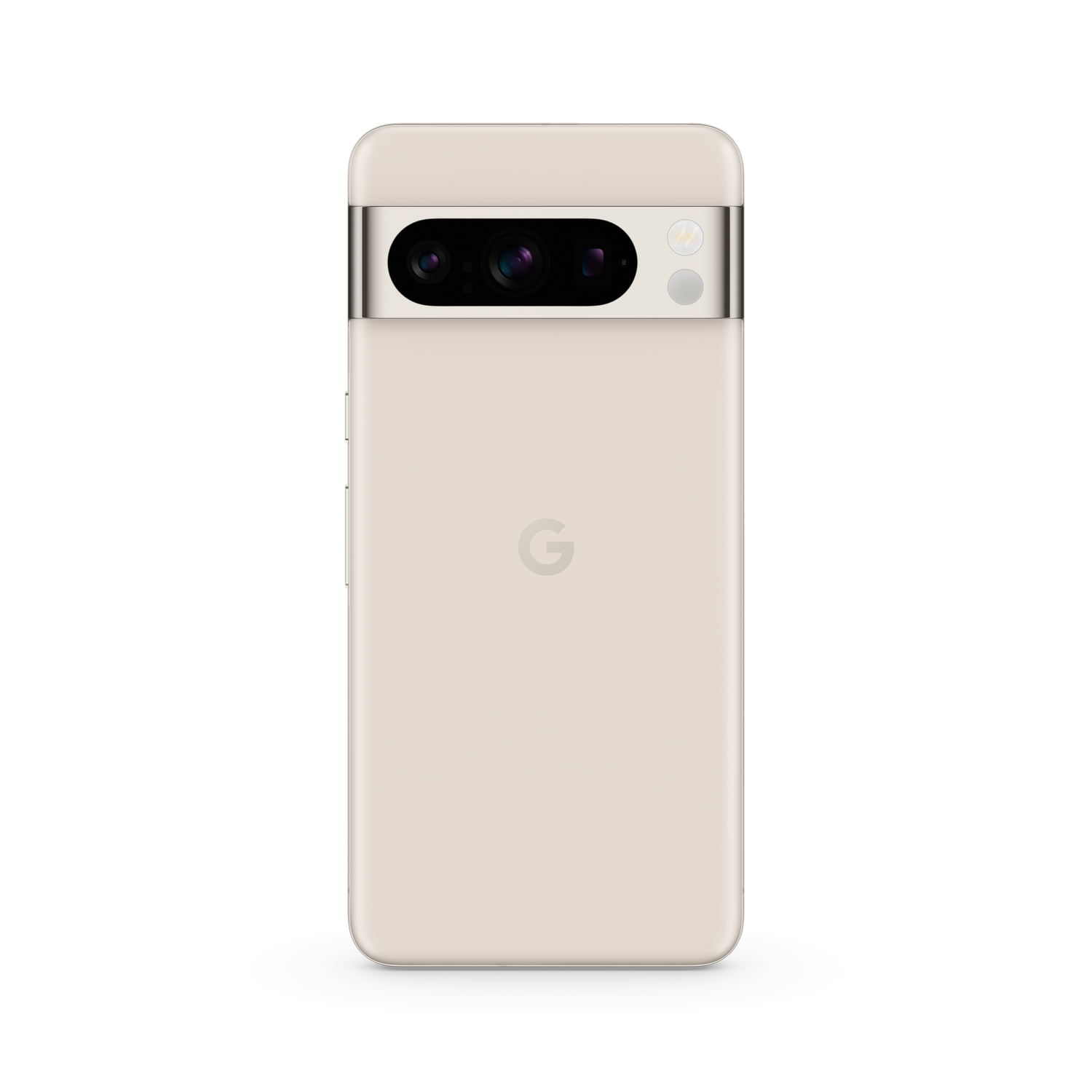 Un teléfono beige con una banda dorada para la cámara, sobre un fondo negro.