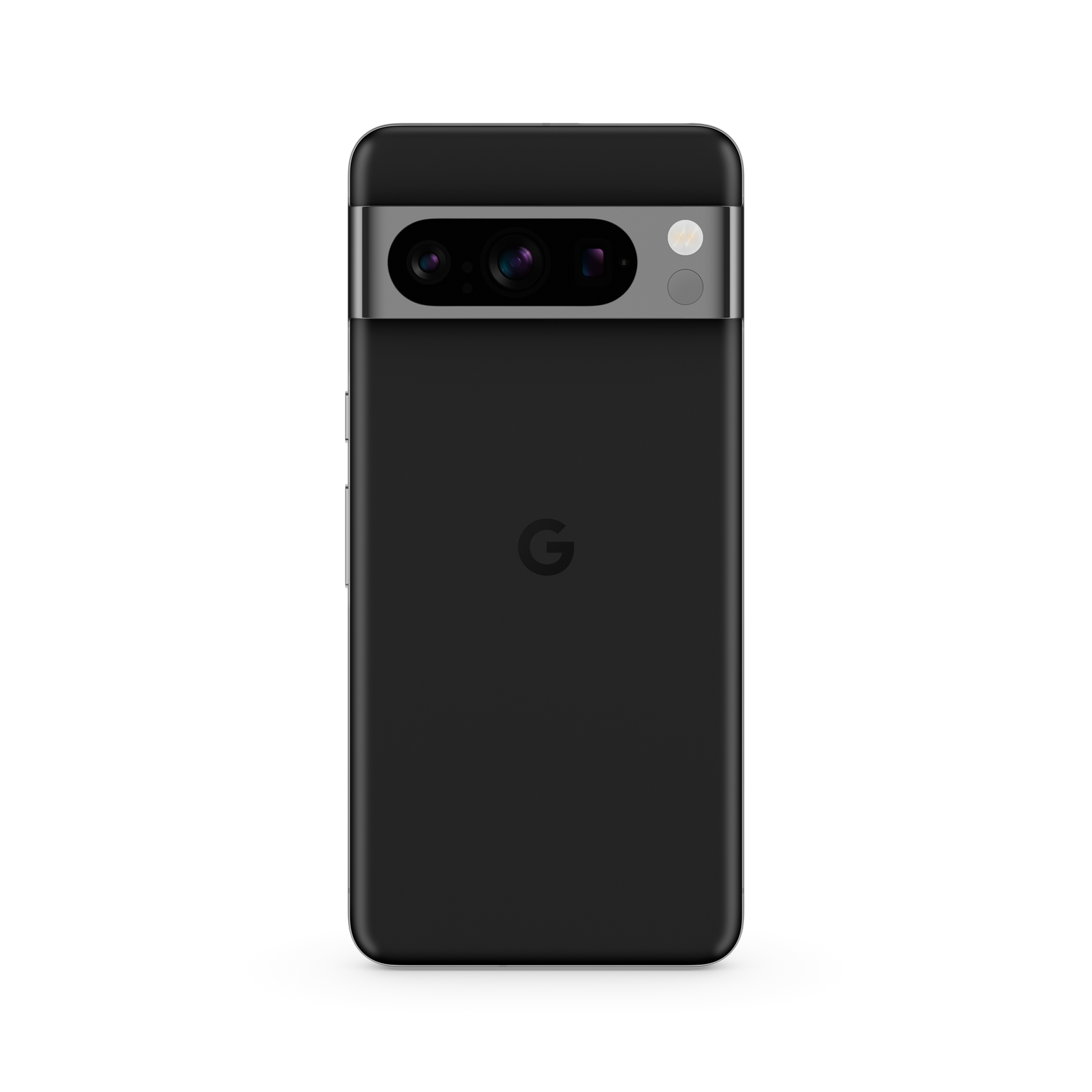 Teléfono negro con barra de cámara plateada y logotipo de Google.