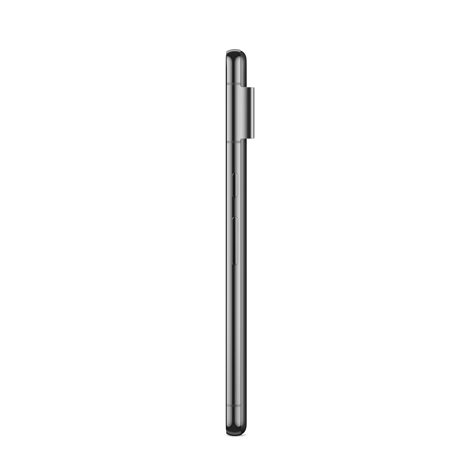 Smartphone plateado, vista lateral. Diseño elegante, botones en el lateral. Fondo negro.