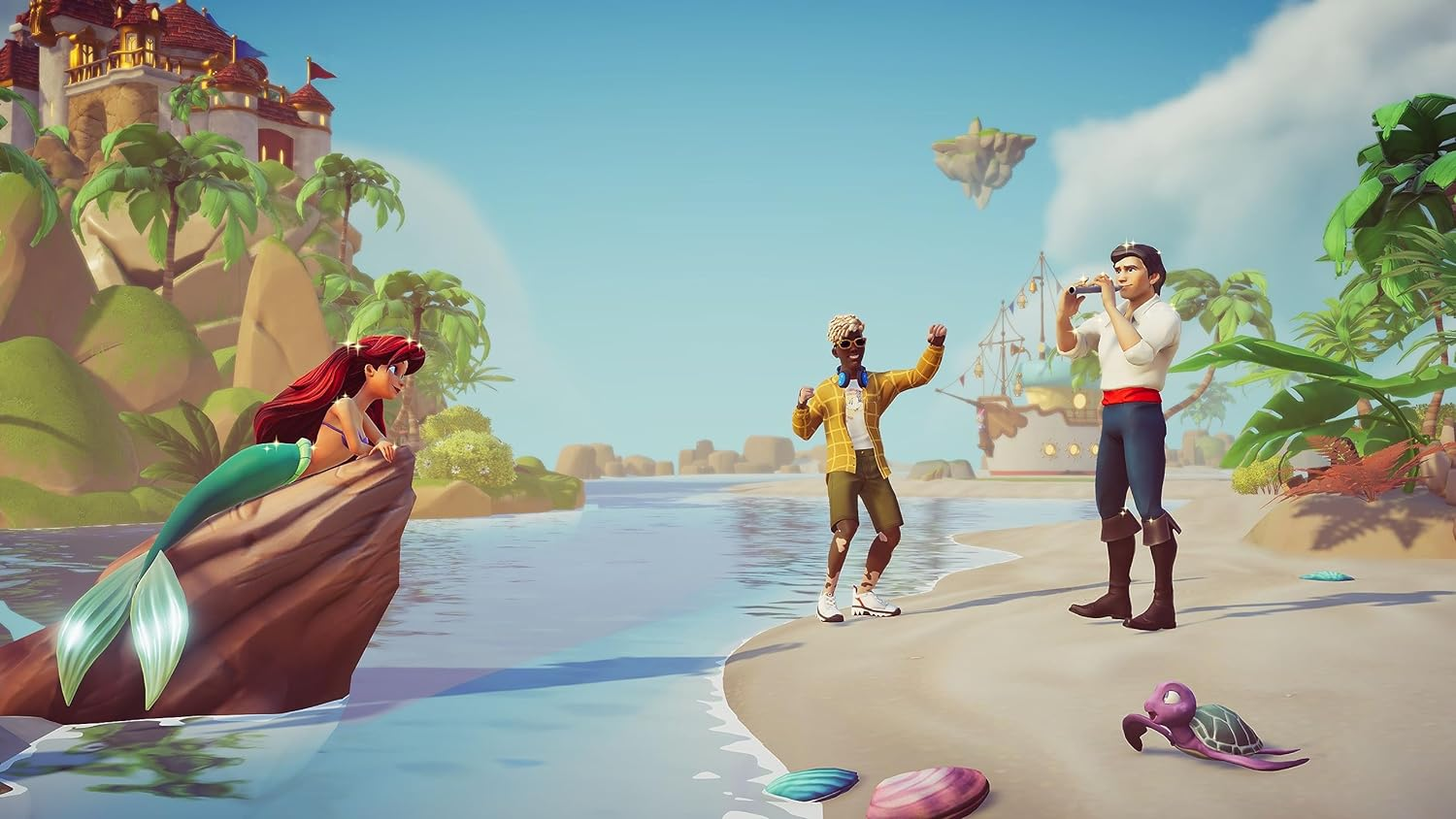 Ariel y el Príncipe Eric en una playa con un personaje de dibujos animados.