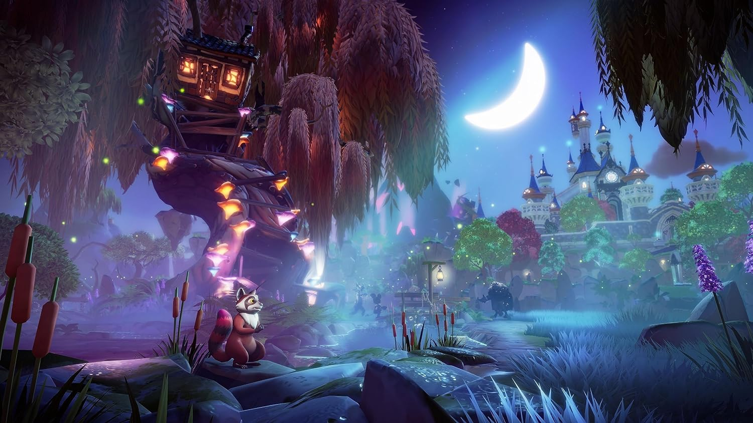 Escena fantástica con un mapache, una casa en el árbol y un castillo bajo una luna creciente. Colorido y caprichoso.