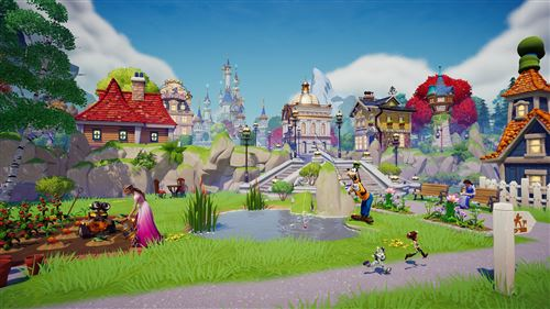 Paisaje colorido de videojuego con edificios, personajes y un estanque.
