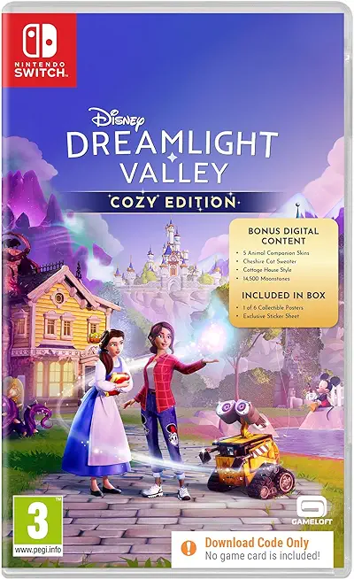 Caja del juego Disney Dreamlight Valley. Belle, chica y WALL-E en la portada. Cielo azul.