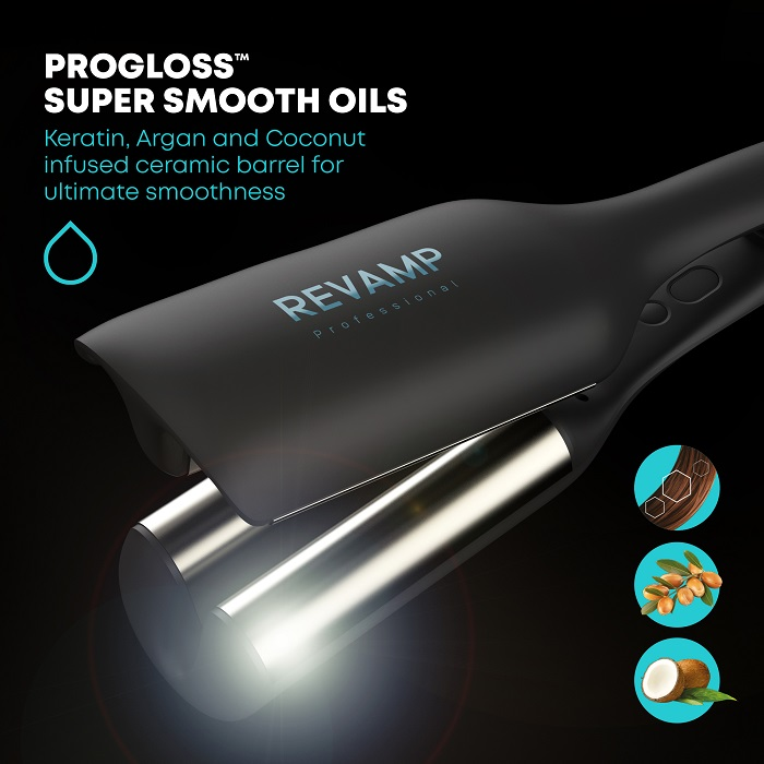 Egy fekete hajvasaló kerámia hordóval, ragyog. A szöveg azt mondja: "PROGLOSS SUPER SMOOTH OILS".