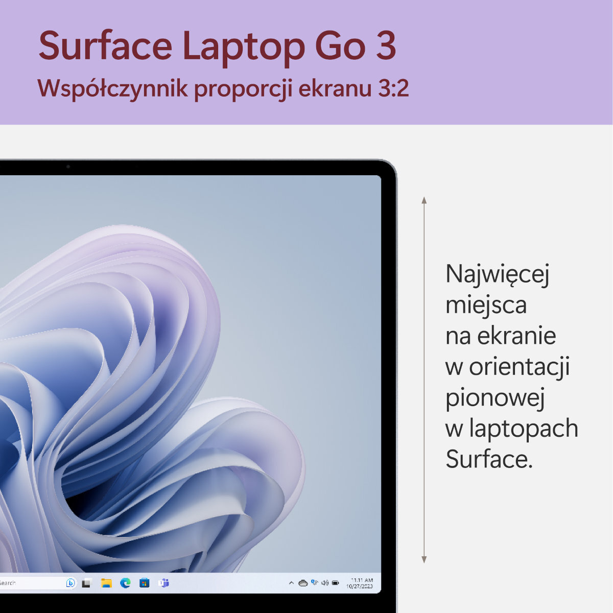 Ekran laptopa z fioletowym wzorem i tekstem. Tekst dotyczy proporcji ekranu.