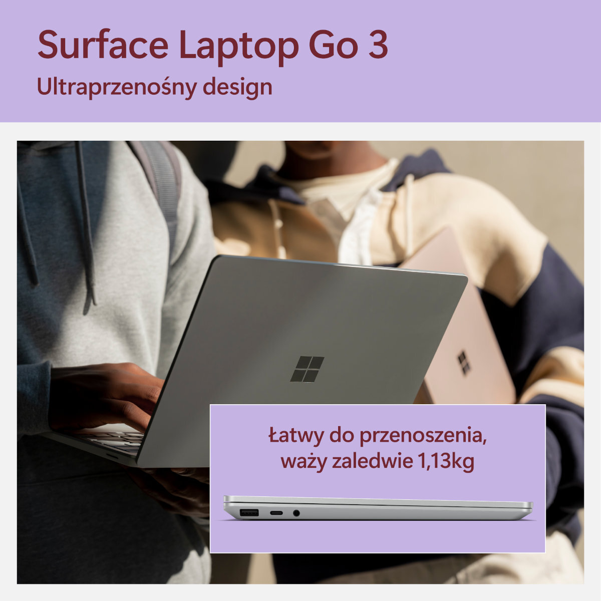 Surface Laptop Go 3. Osoba korzystająca z laptopa. Tekst o przenośności i wadze.