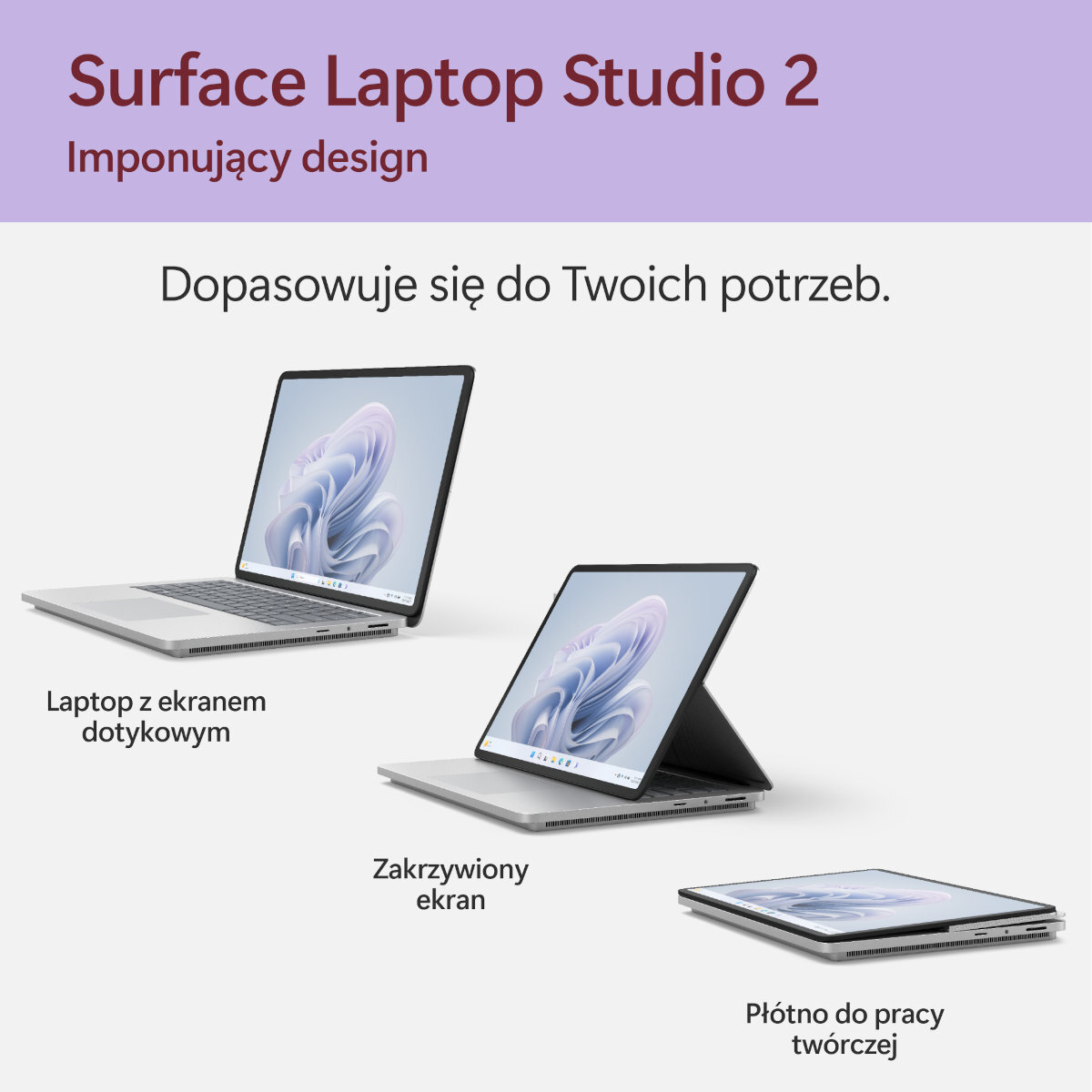 Surface Laptop Studio 2 w trzech różnych pozycjach, z tekstem o jego designie.