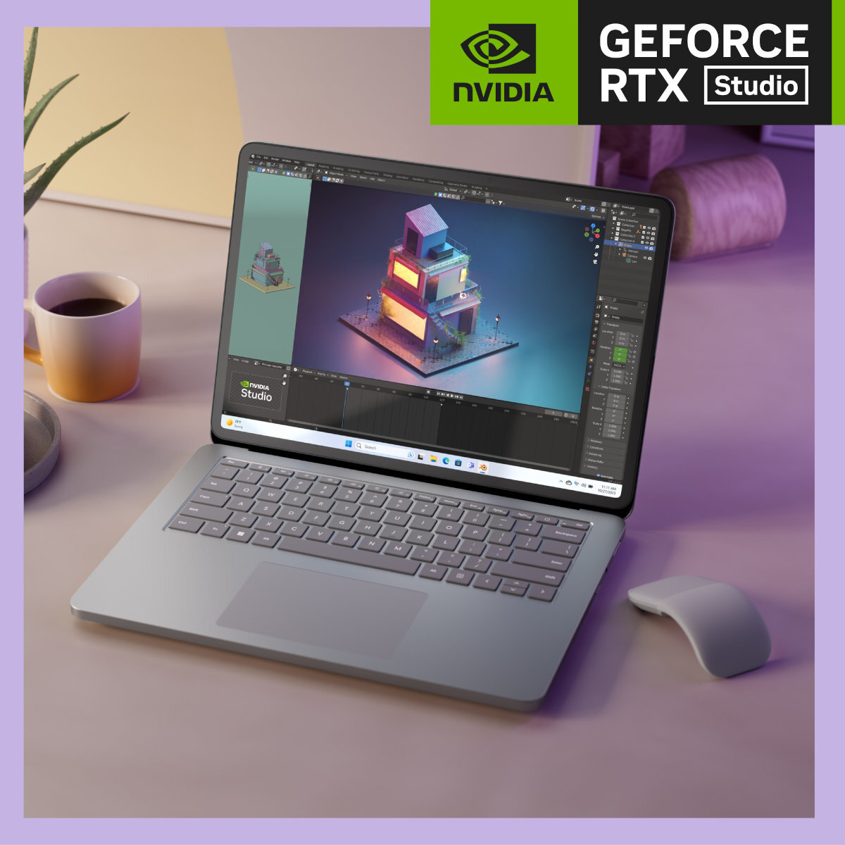 Laptop z interfejsem modelowania 3D, Nvidia Studio i kubek kawy na biurku.