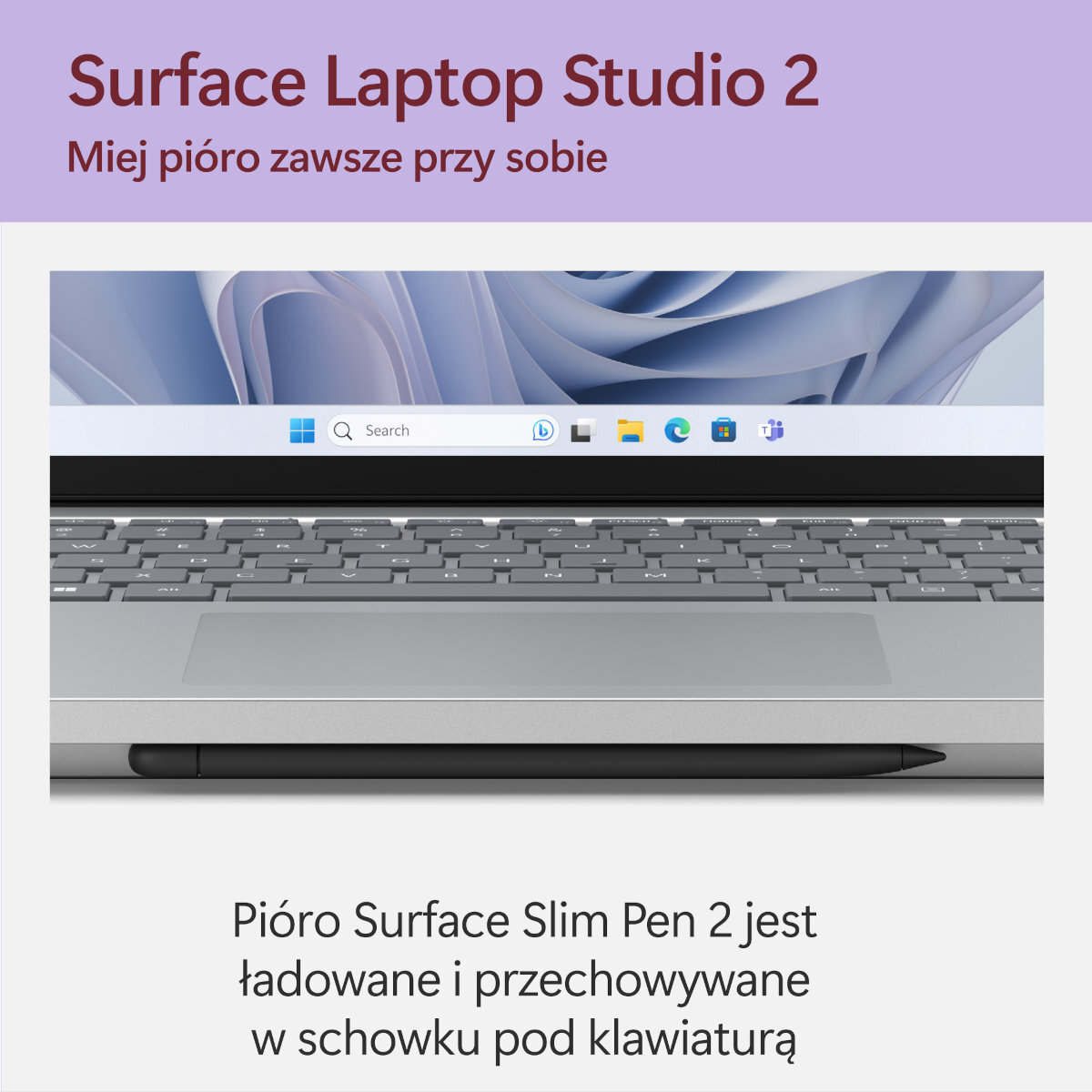 Surface Laptop Studio 2 z klawiaturą, ekranem i piórem. Tekst po polsku o piórze.
