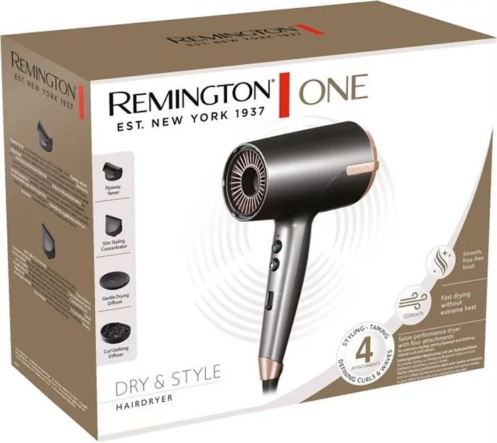 Pudełko z suszarką do włosów i akcesoriami. Tekst na pudełku opisuje cechy i opcje stylizacji suszarki.