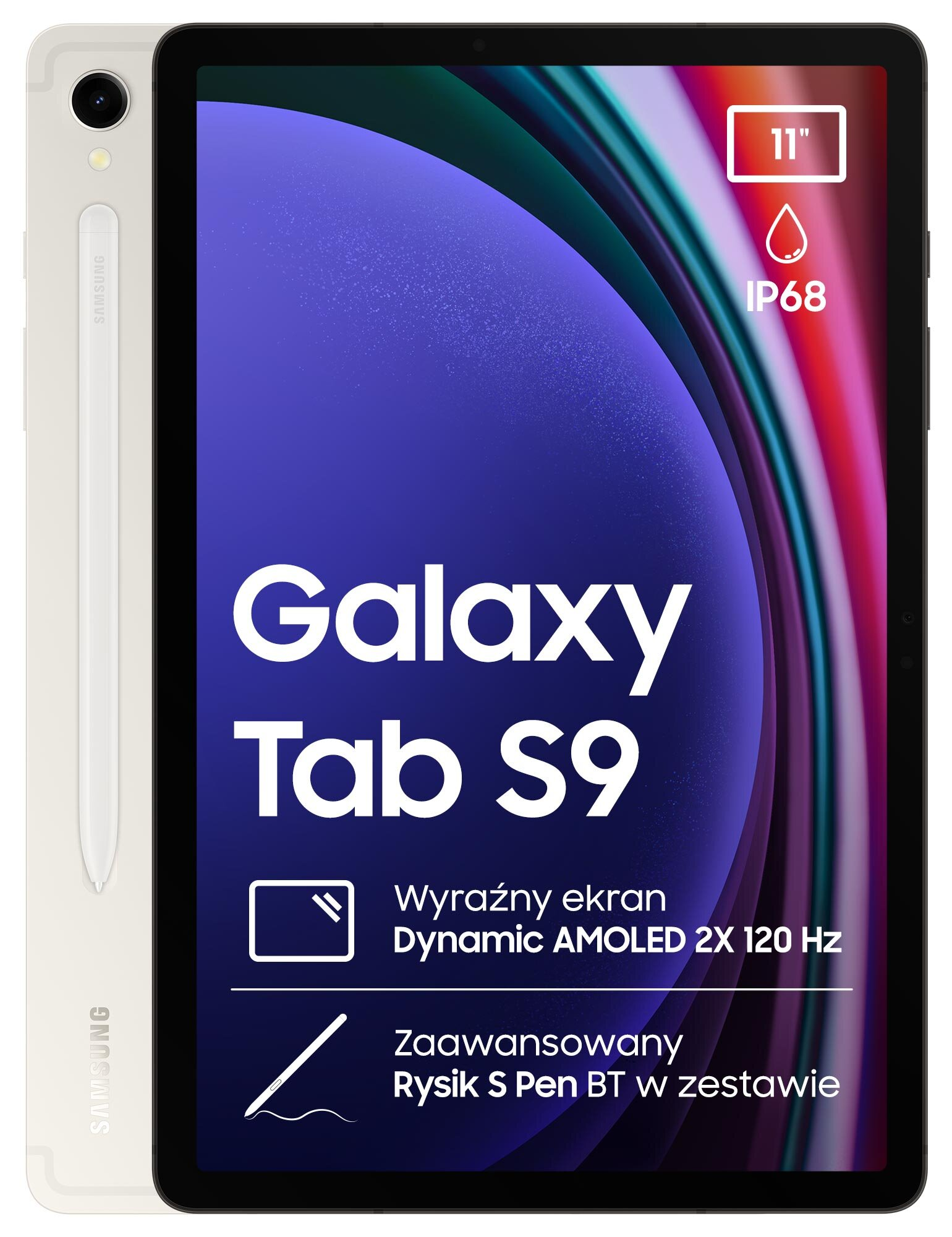 Samsung Galaxy Tab S9. Tablet z rysikiem. Biały tył i czarny ekran z tekstem.