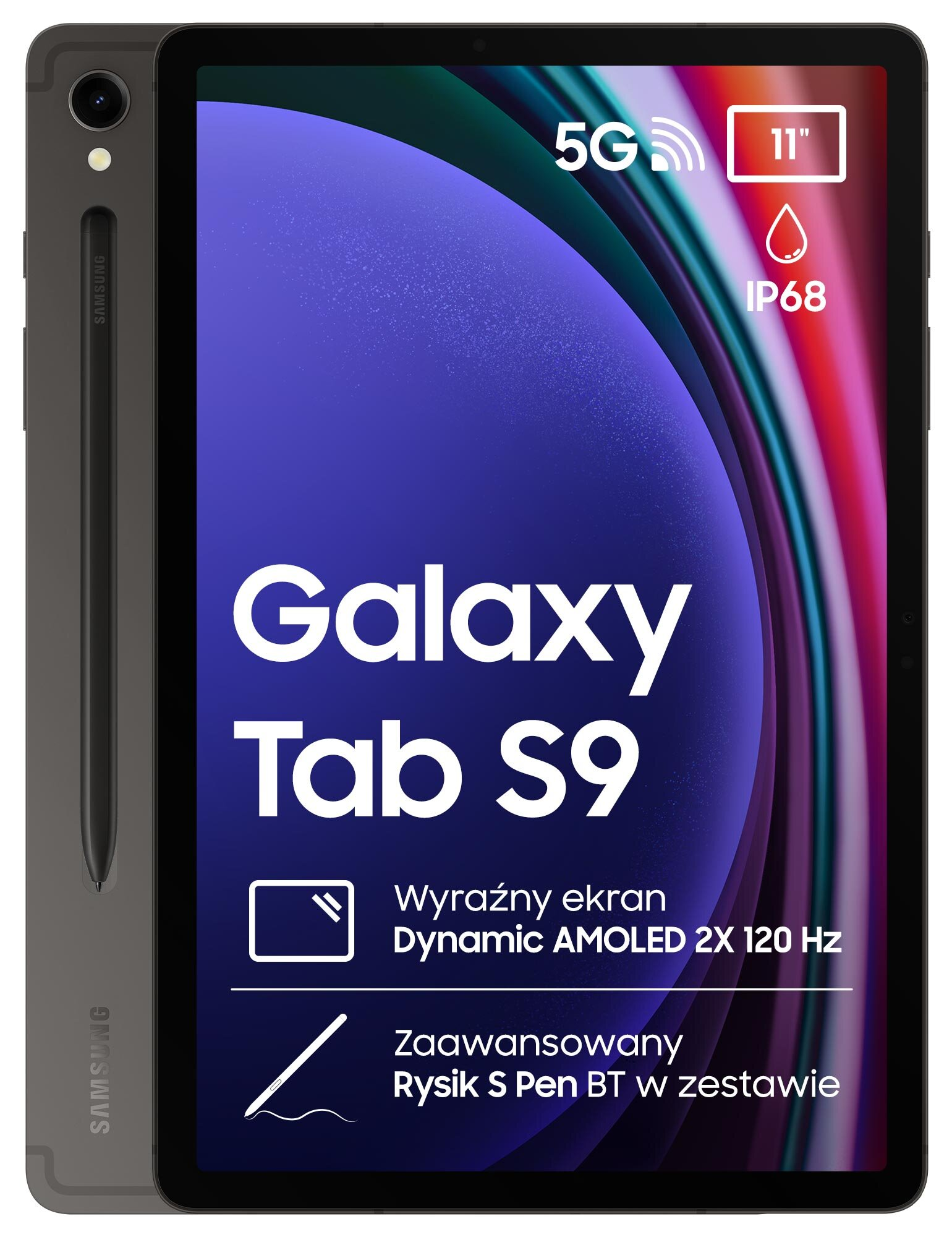 Czarny tablet z Galaxy Tab S9, z rysikiem z boku. 5G, 11" i etykiety IP68.