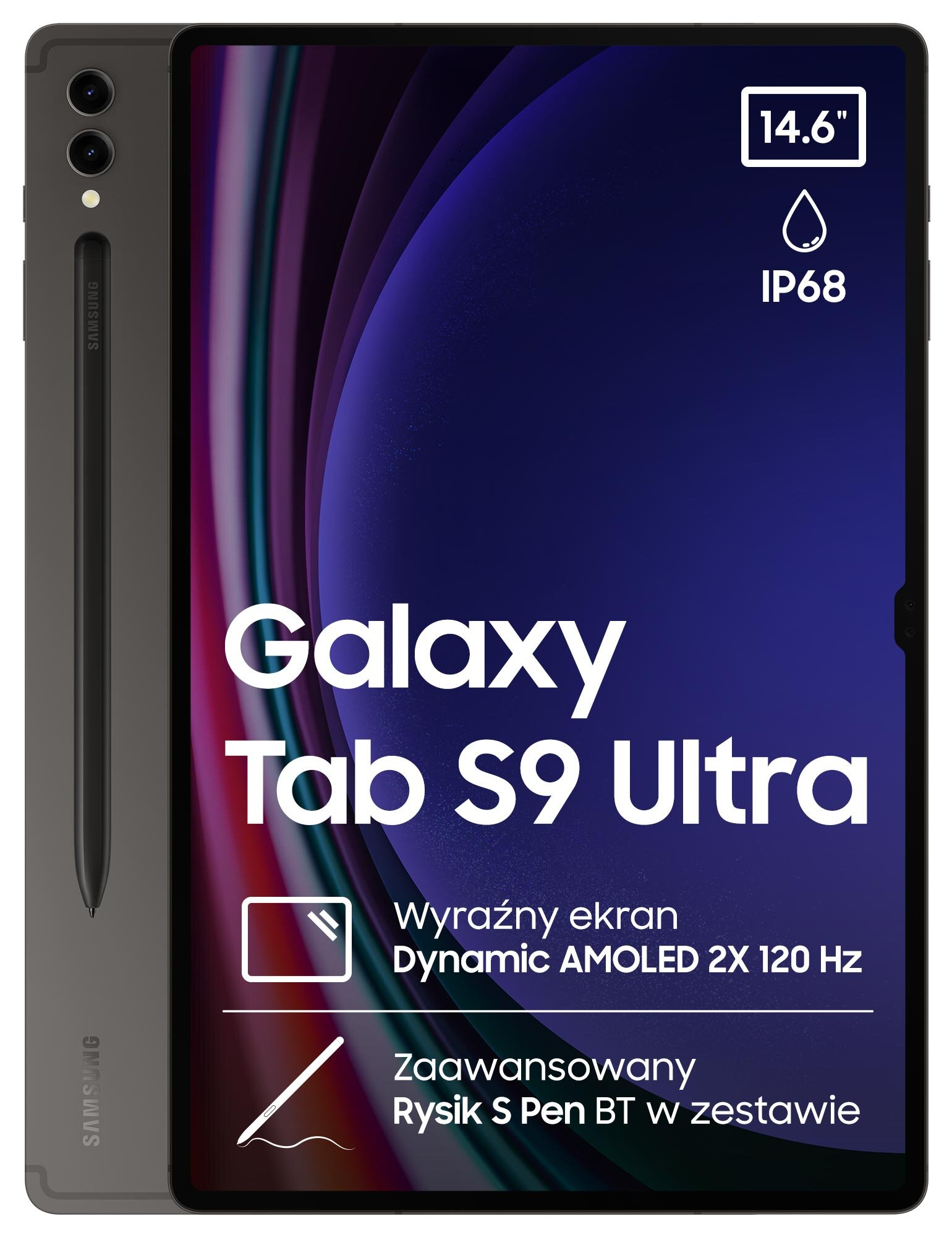 Szary tablet Galaxy Tab S9 Ultra z rysikiem. Ekran pokazuje fioletowo-niebieskie tło.