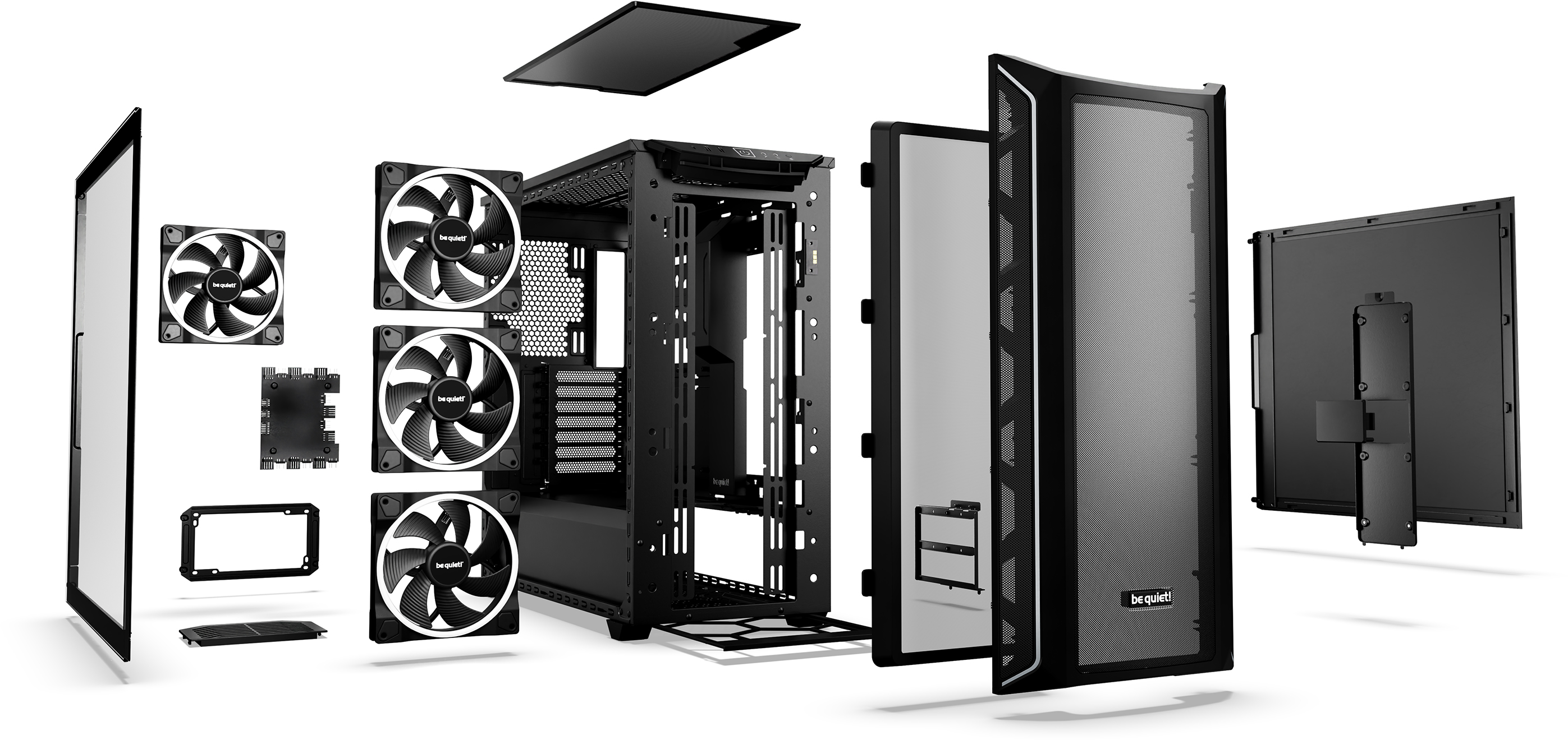 Explosionszeichnung eines schwarzen Computergehäuses mit abgenommenen Komponenten wie Lüftern.