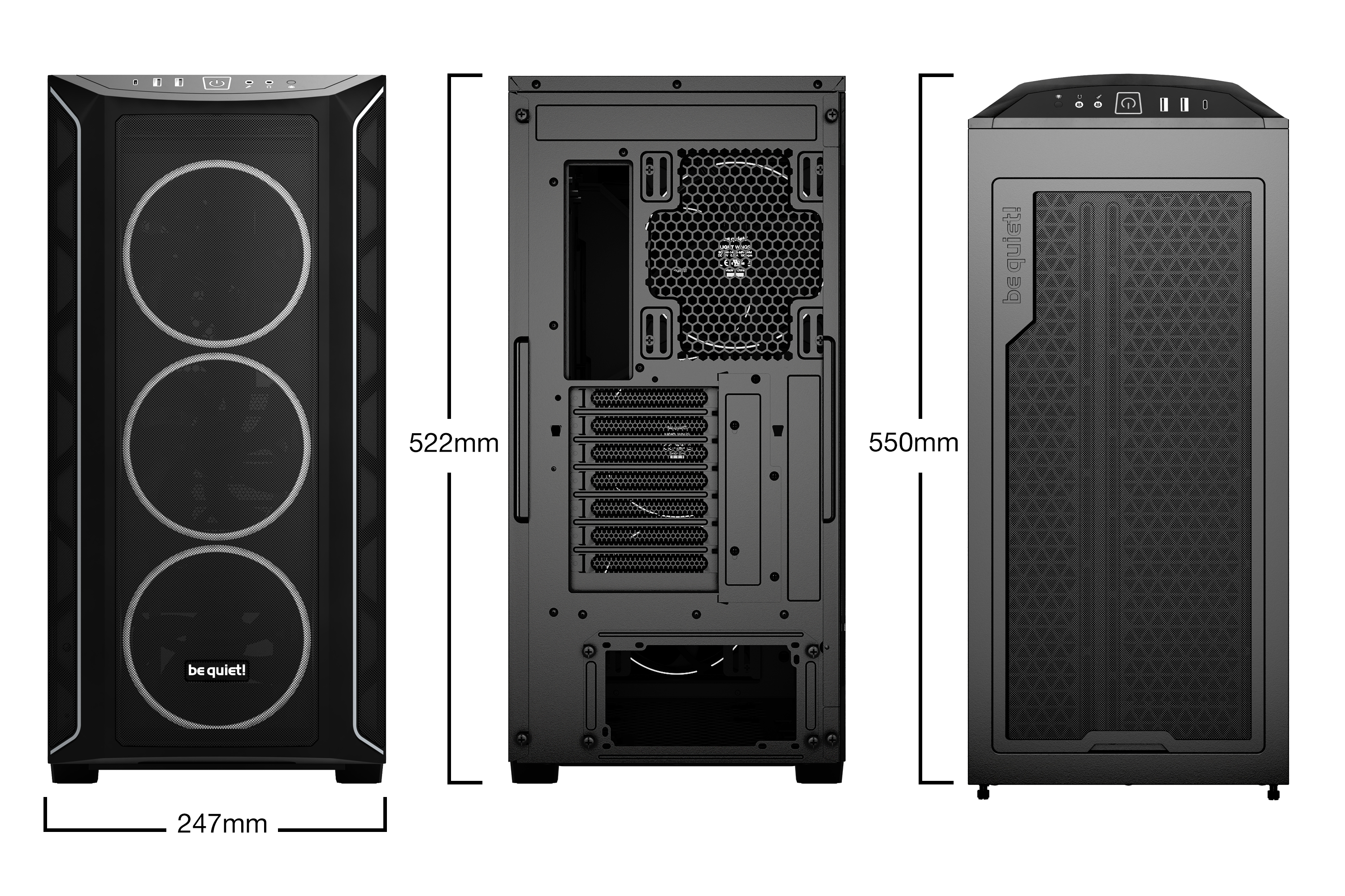 Drei Ansichten eines schwarzen Computergehäuses mit Abmessungen. Weißer Hintergrund.
