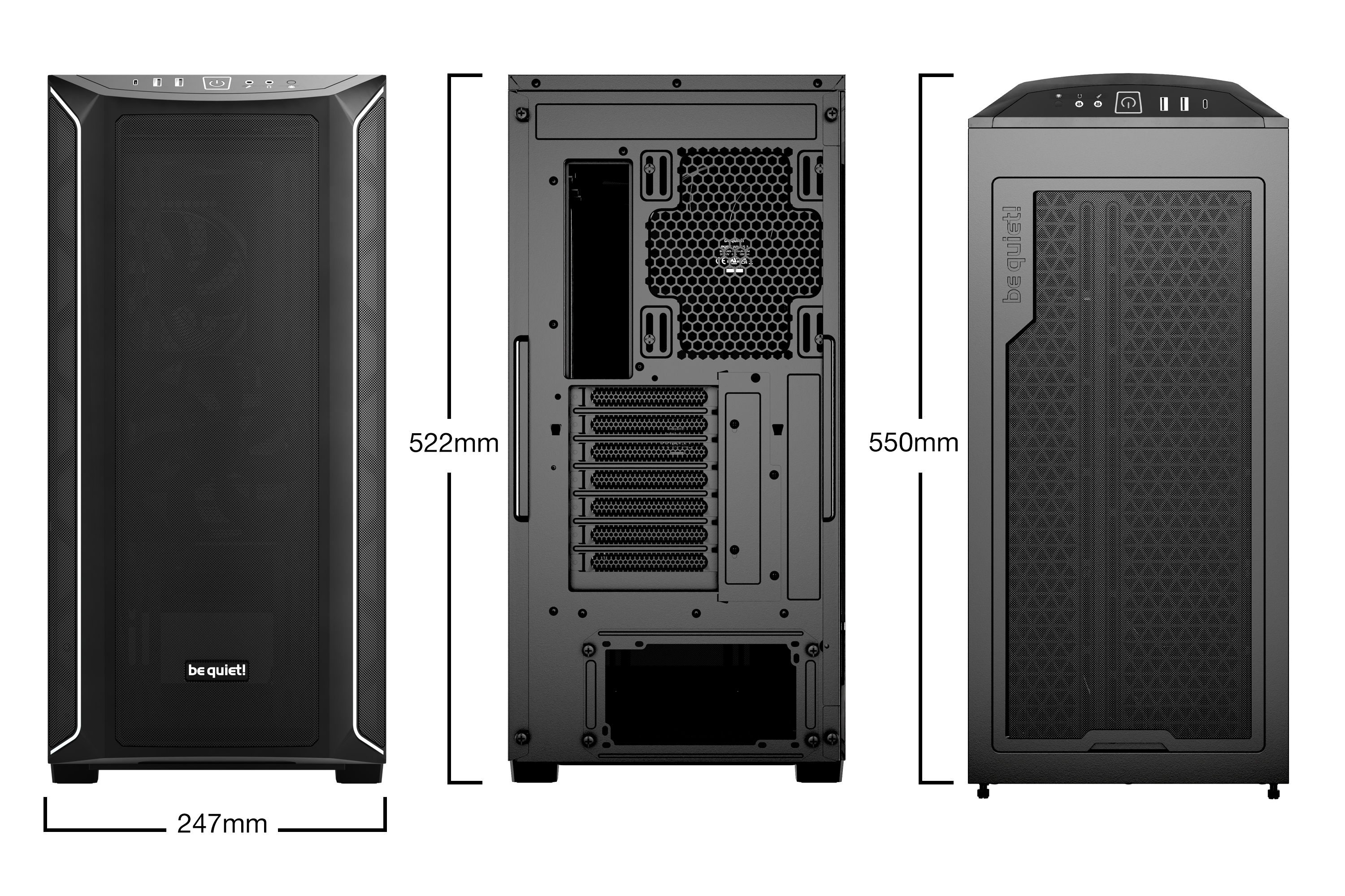 Drei Ansichten eines schwarzen Computergehäuses mit Maßangaben.