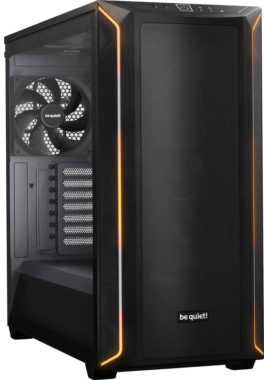 Schwarzes Computergehäuse mit orangefarbenen Lichtern. Es hat eine Glas-Seitenwand.