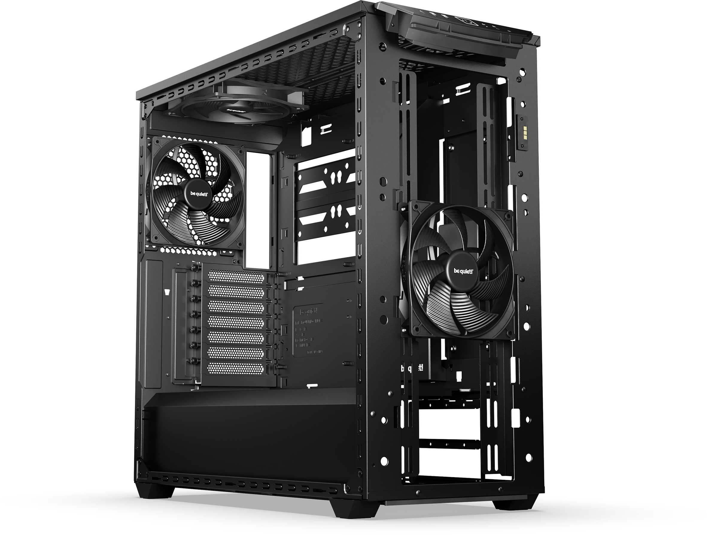 Schwarzes Computergehäuse-Interieur mit sichtbaren Lüftern und Befestigungspunkten.