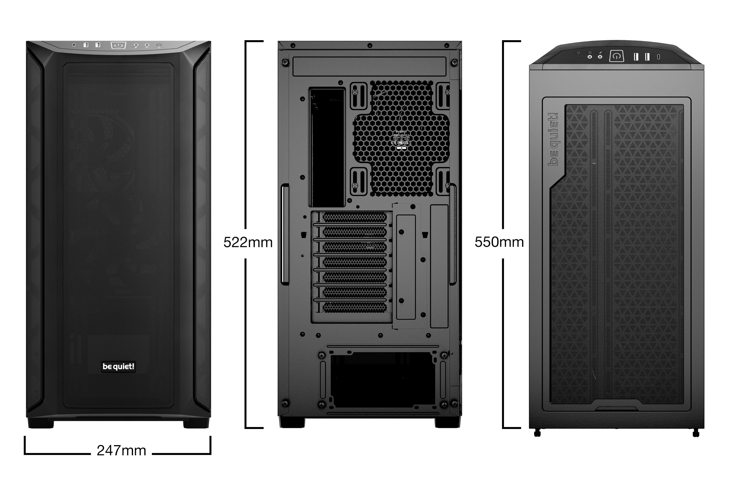 Drei Ansichten eines schwarzen Computergehäuses, vorne, hinten und seitlich. Abmessungen werden angezeigt.