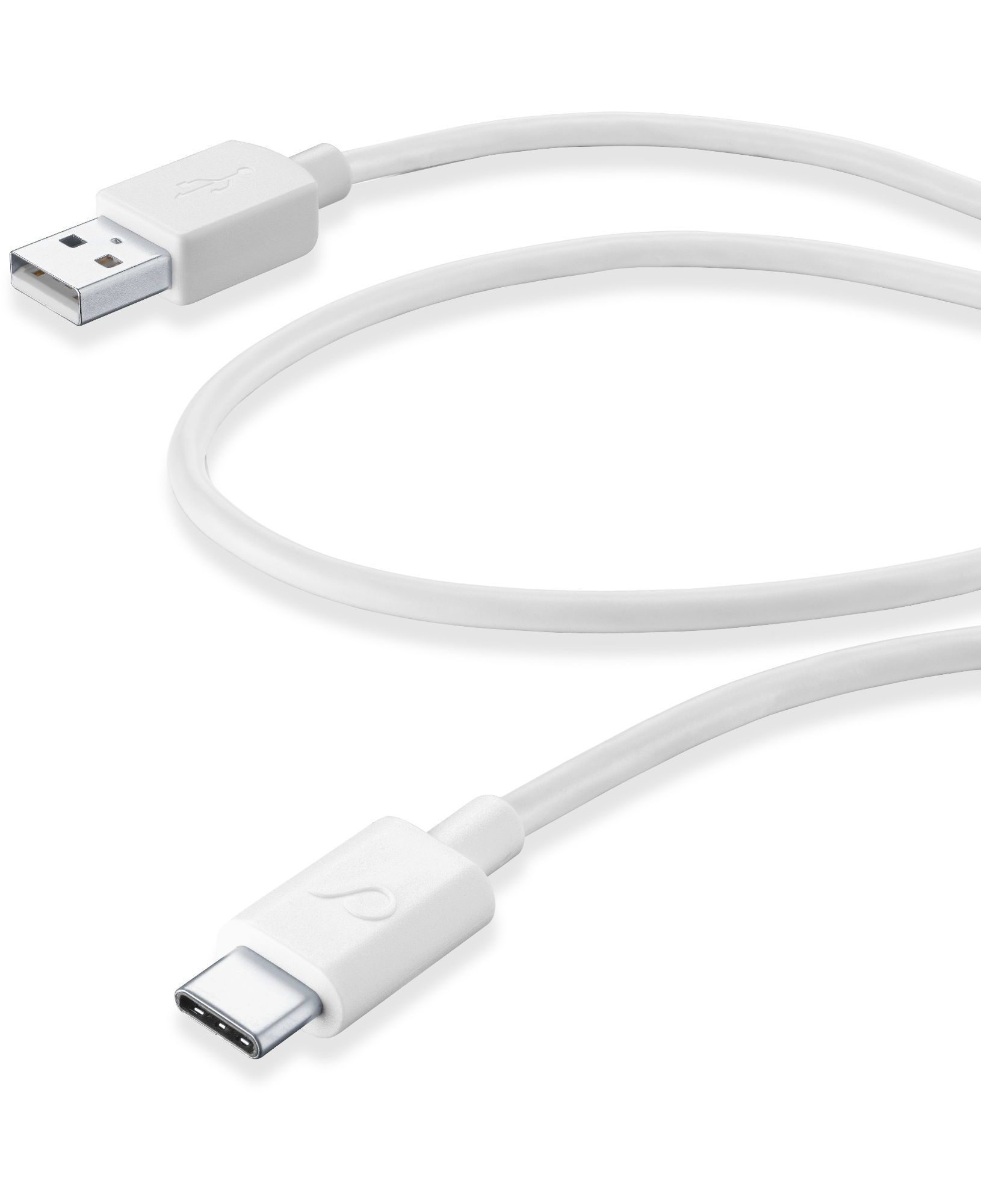 Ein weißes USB-C-Kabel mit Anschlüssen auf weißem Hintergrund.