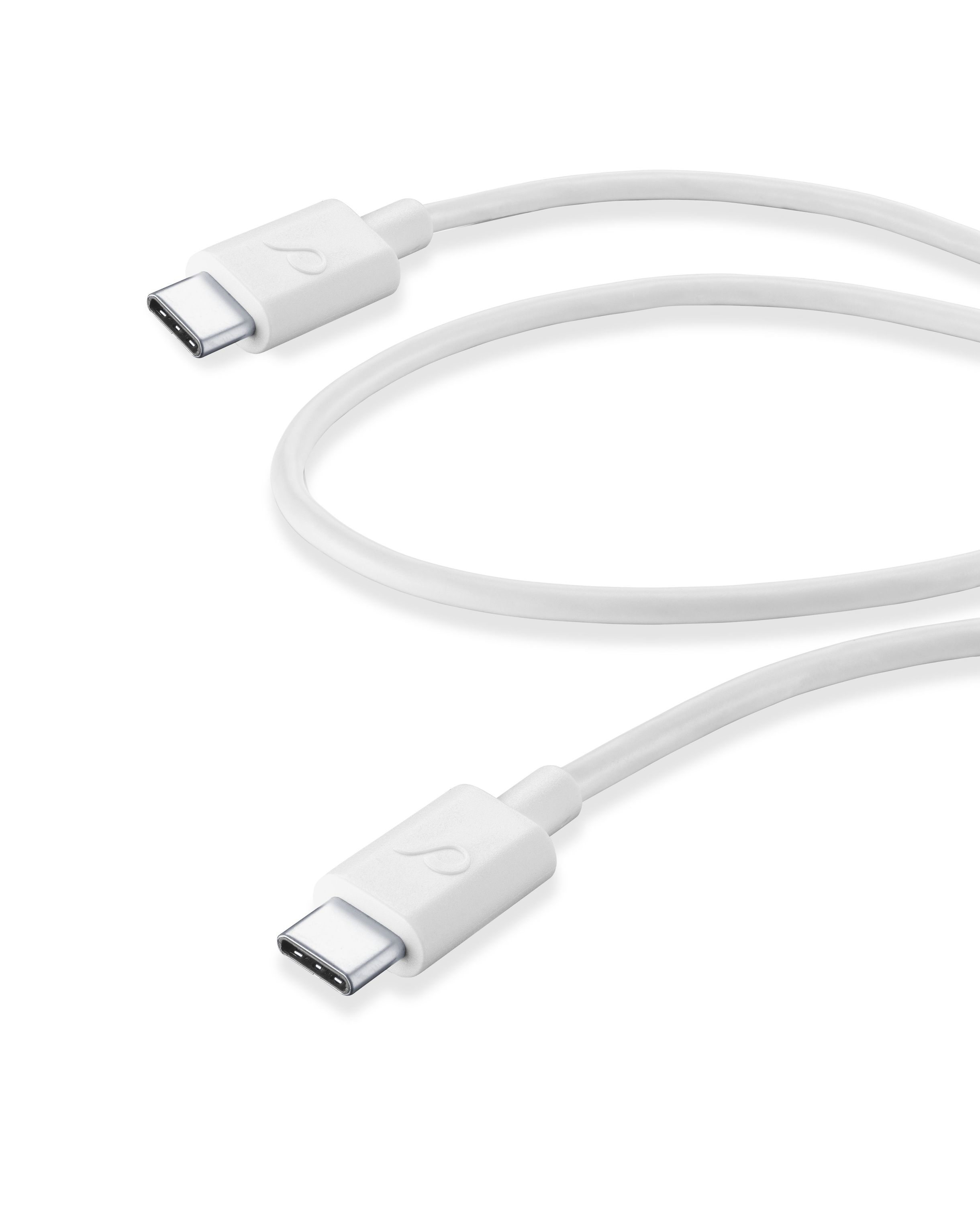 Zwei weiße USB-C-Kabel mit Steckern an den Enden vor weißem Hintergrund.