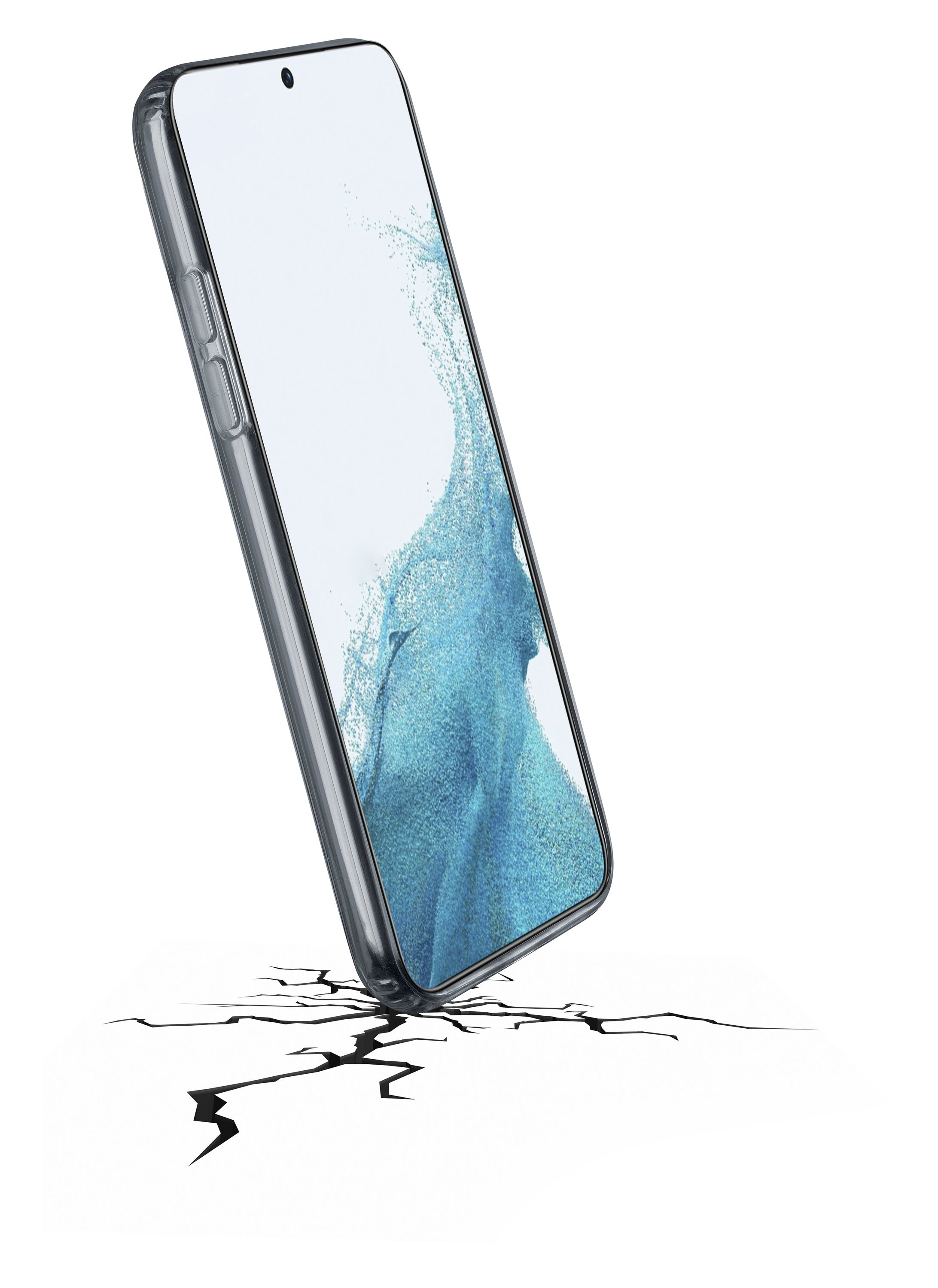 Ein Smartphone lehnt auf rissigem Boden. Der Bildschirm zeigt ein blau-grünes abstraktes Design.