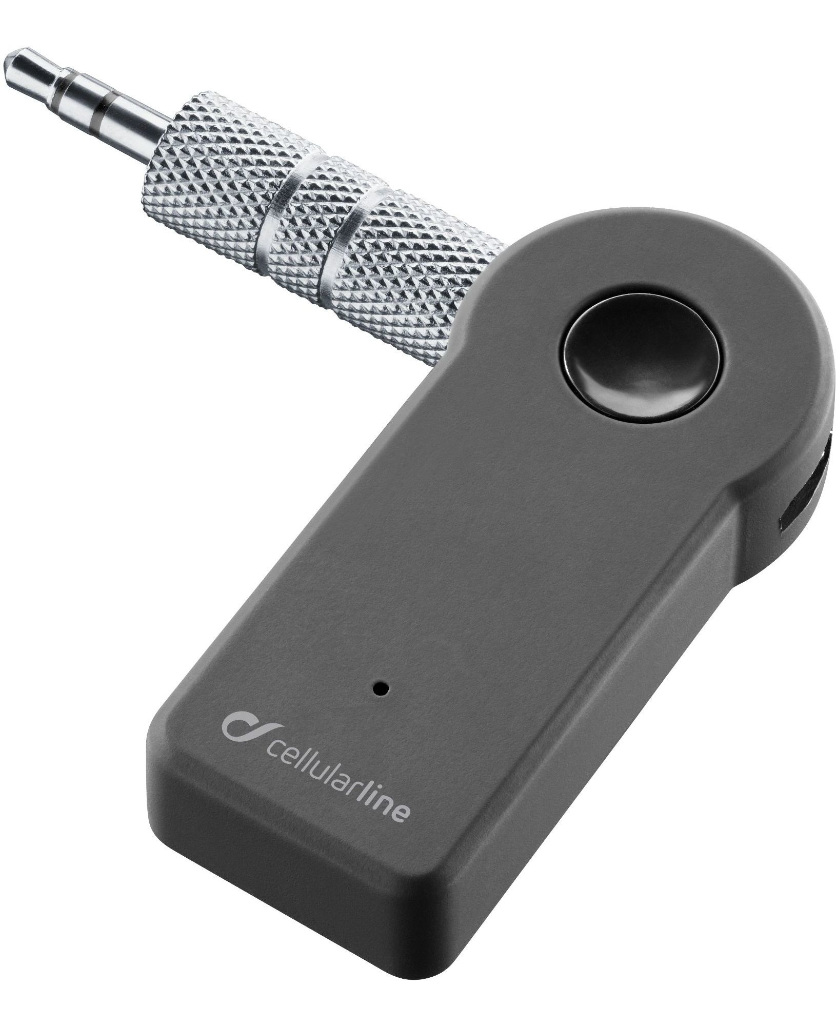 Schwarzer Bluetooth-Adapter mit silbernem Stecker. 'Cellularline' auf der Seite gedruckt.