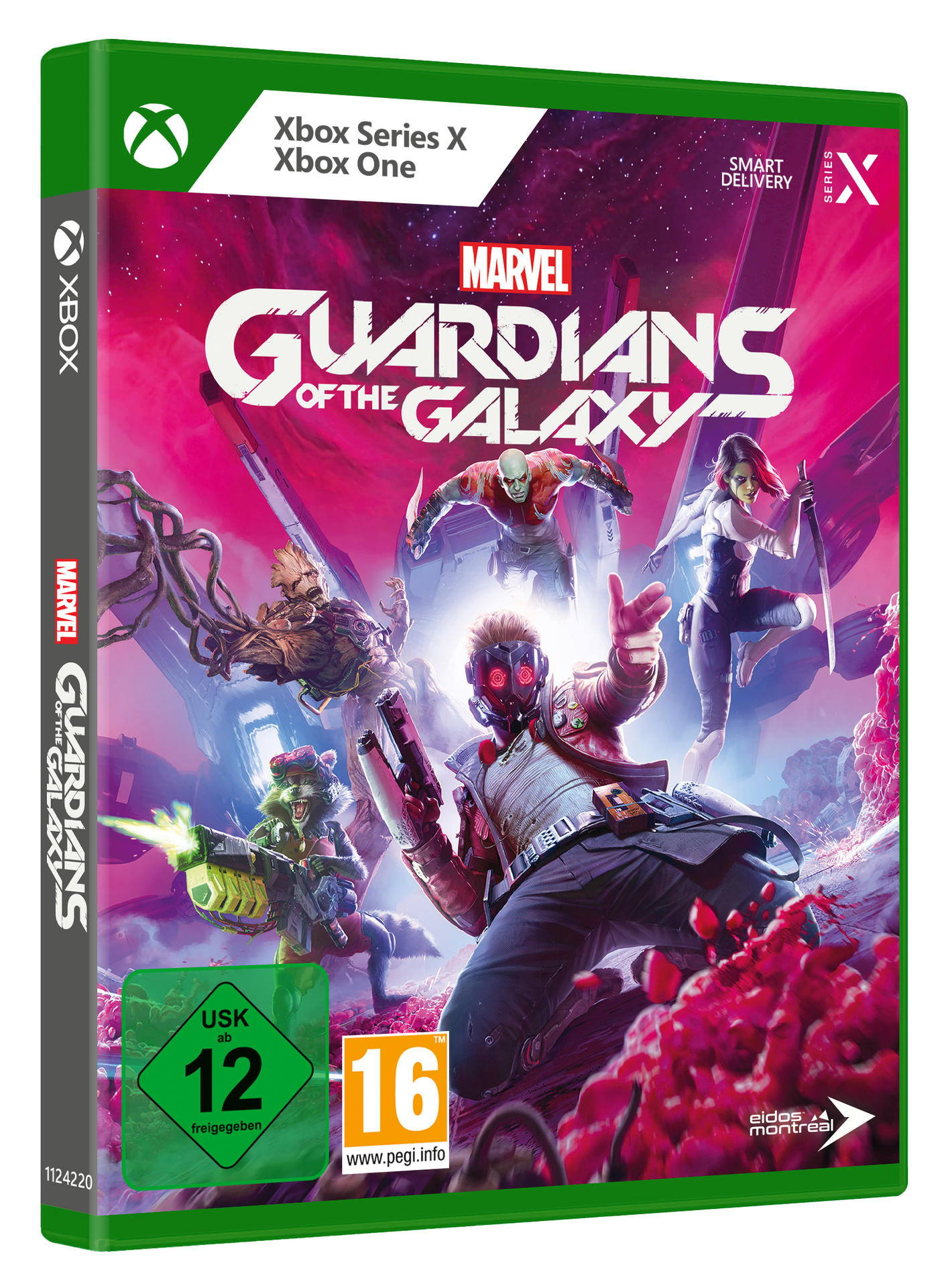 Marvel's Guardians of the Galaxy Spielverpackung mit Charakterillustrationen und Logo.